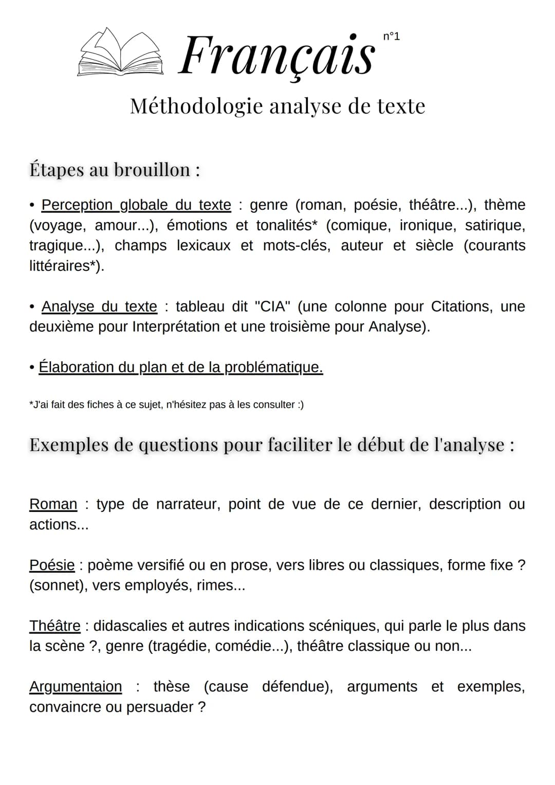 Étapes au brouillon :
Perception globale du texte : genre (roman, poésie, théâtre...), thème
(voyage, amour...), émotions et tonalités* (com