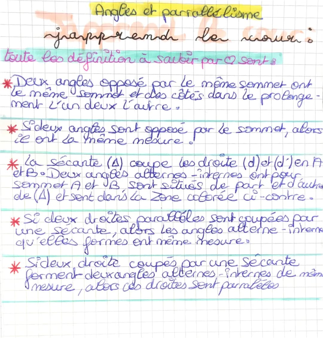 Angles et parrallelisme
japprend la mourà
toute les definition à sauber par ♡ sent:"
* Deux angles opposé par le même semmet ont
le même som