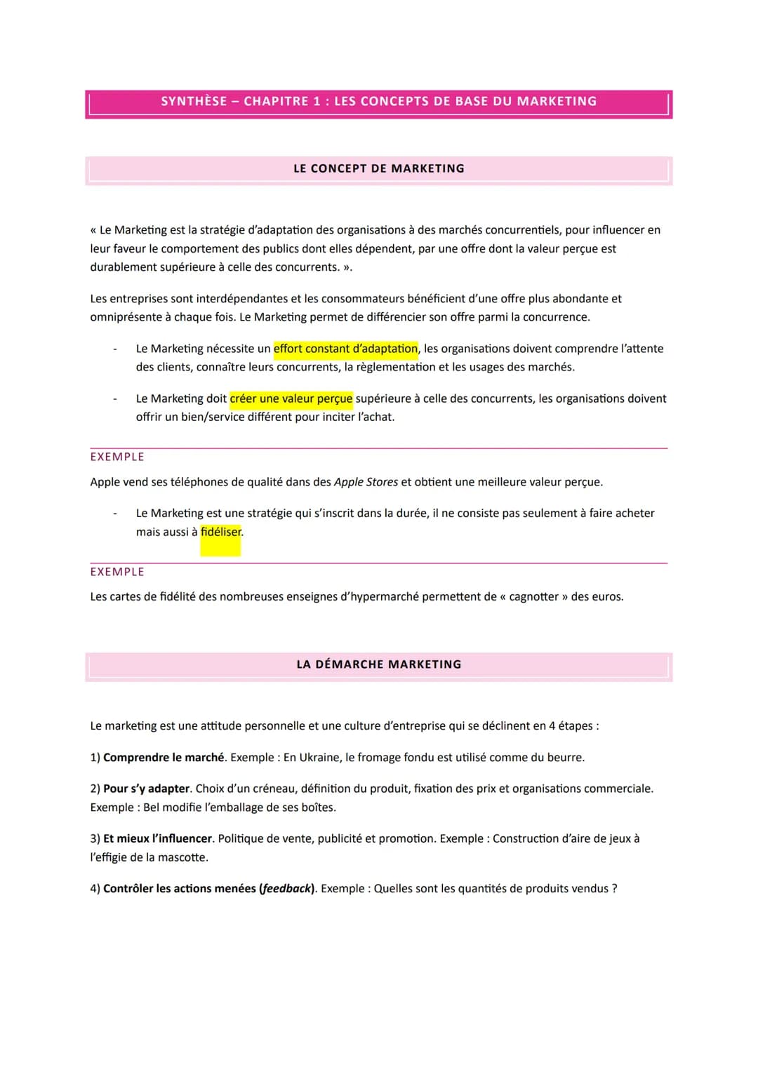 SYNTHÈSE - CHAPITRE 1 : LES CONCEPTS DE BASE DU MARKETING
<< Le Marketing est la stratégie d'adaptation des organisations à des marchés conc