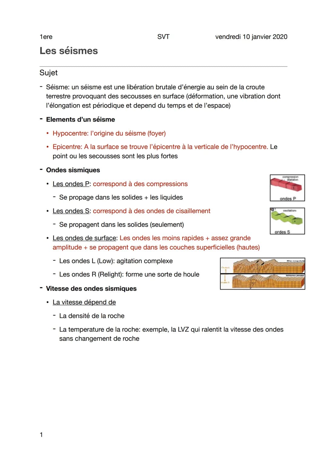 1ere
Les séismes
1
Sujet
Séisme: un séisme est une libération brutale d'énergie au sein de la croute
terrestre provoquant des secousses en s