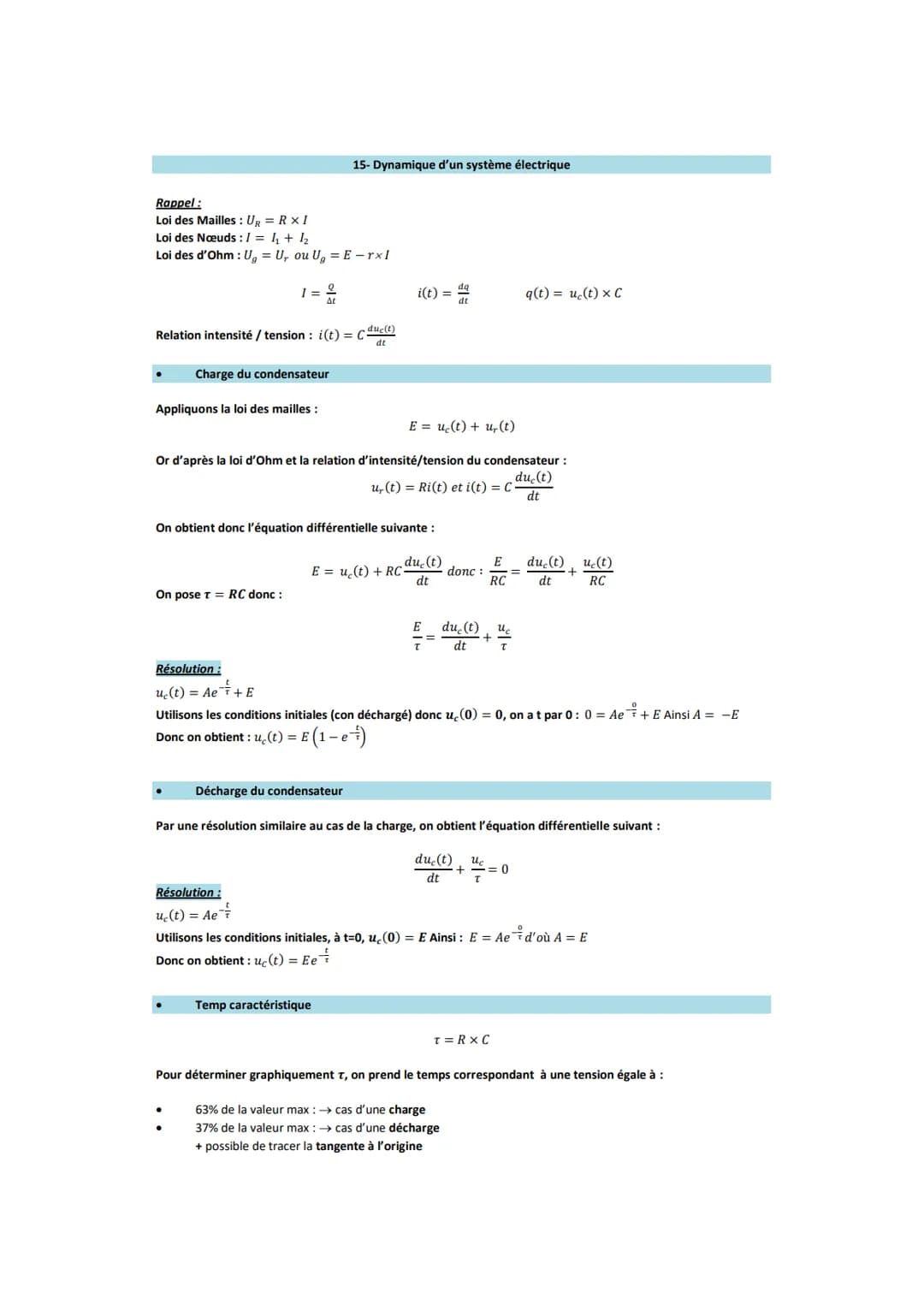Rappel :
Loi des Mailles: Ug = RxI
Loi des Nœuds : 1 = 1₁ + 1₂
Loi des d'Ohm: U₂ = U, ou Ug = E-rxl
Relation intensité / tension : i(t) = Cd