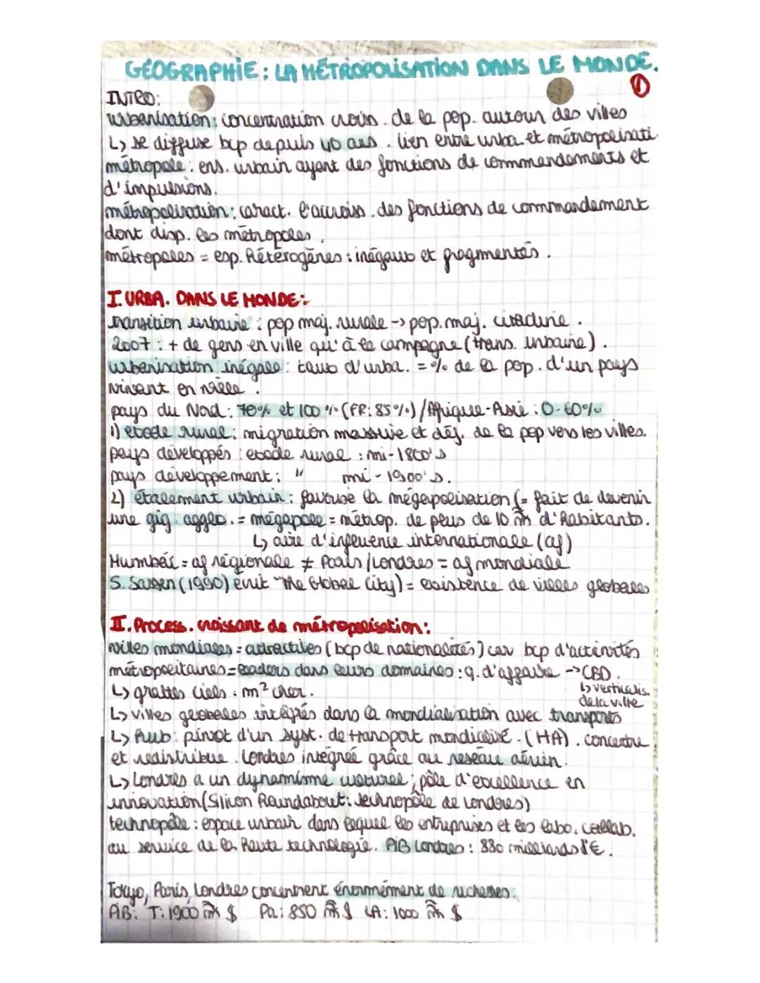 La métropolisation dans le monde 1ère Géographie 