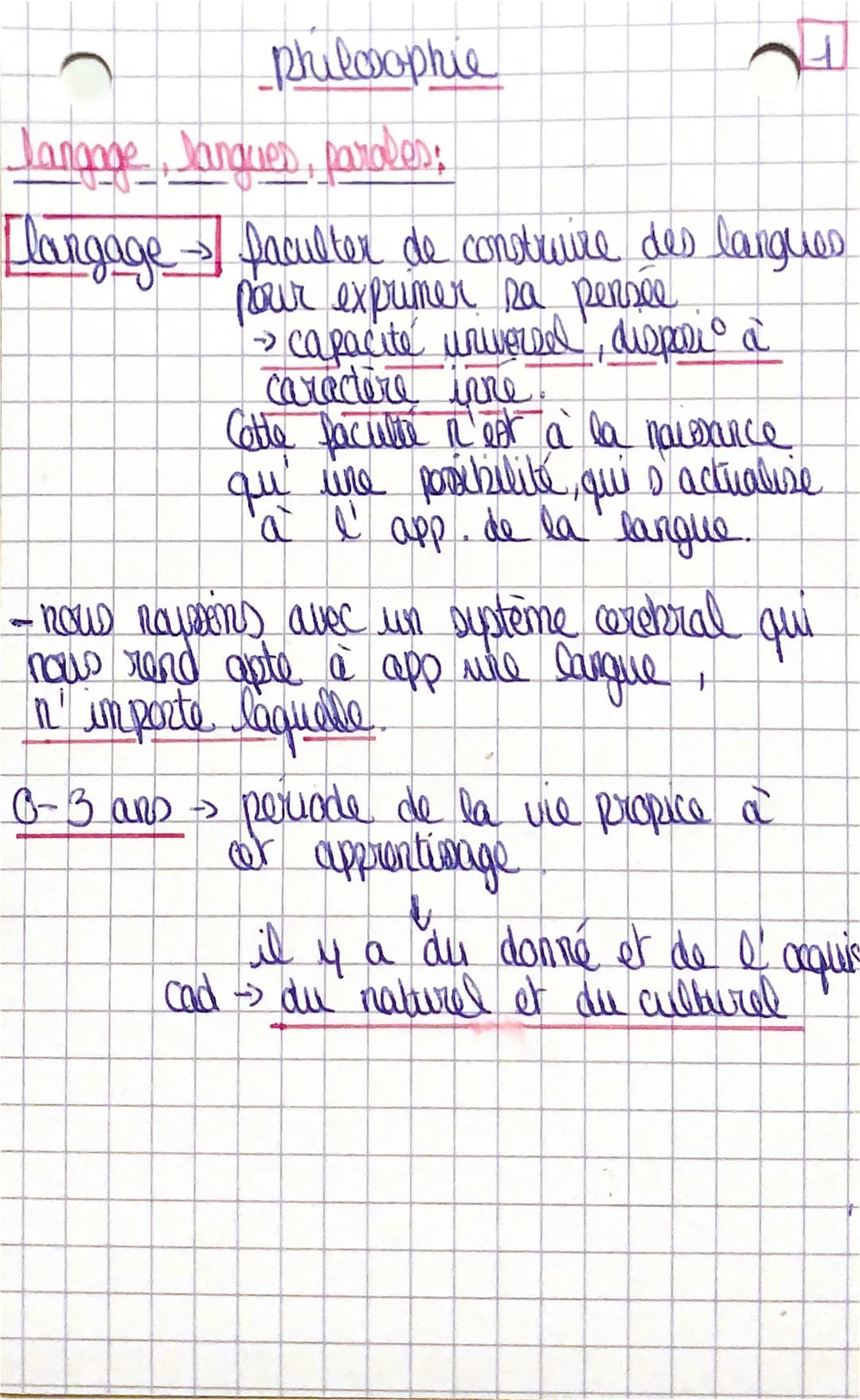 philosophie
langage, langues, paroles;
[langage] faculter de construire des langues
pour exprimer sa persee
→ capacité universel, dispesi a
