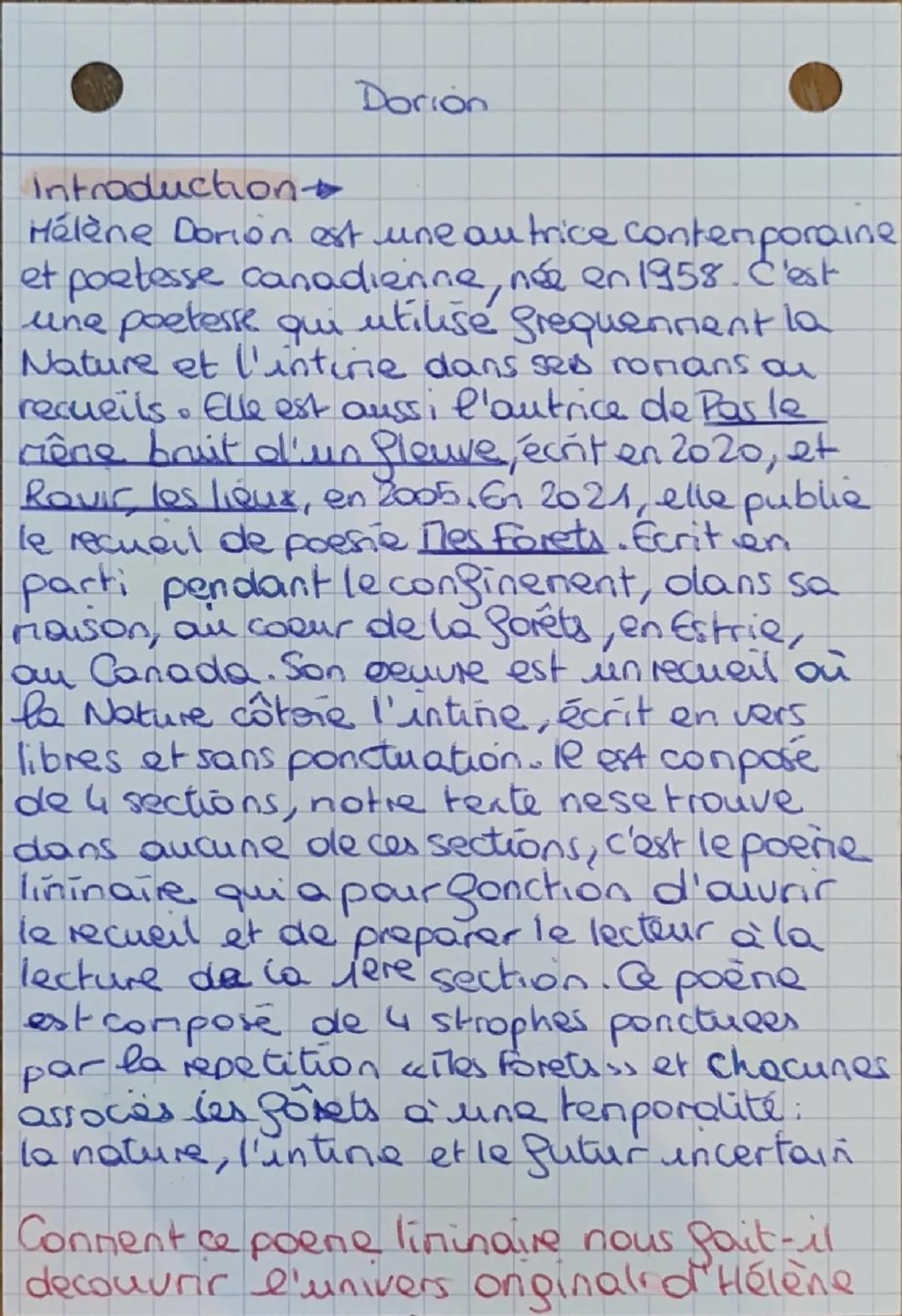 Introduction
Dorion
Hélène Dorion est une autrice contemporaine
et poetesse canadienne, née en 1958. C'est
une poetesse qui utilise fréquemm