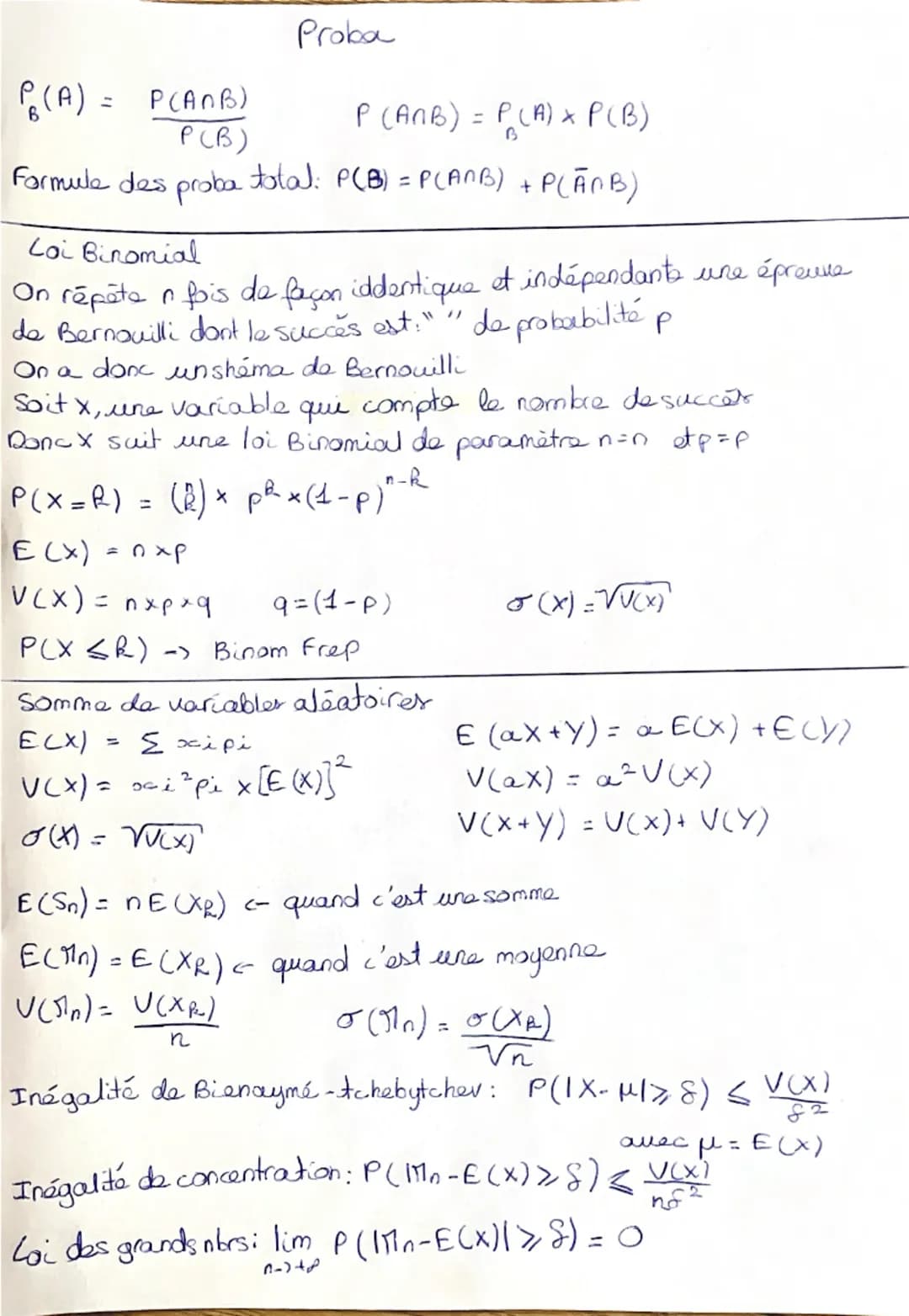 # Proba

$P_B(A) = \frac{P(A \cap B)}{P(B)}$

$P(A \cap B) = P_B(A) \times P(B)$

Formule des proba total: $P(B) = P(A \cap B) + P(\bar{A} \