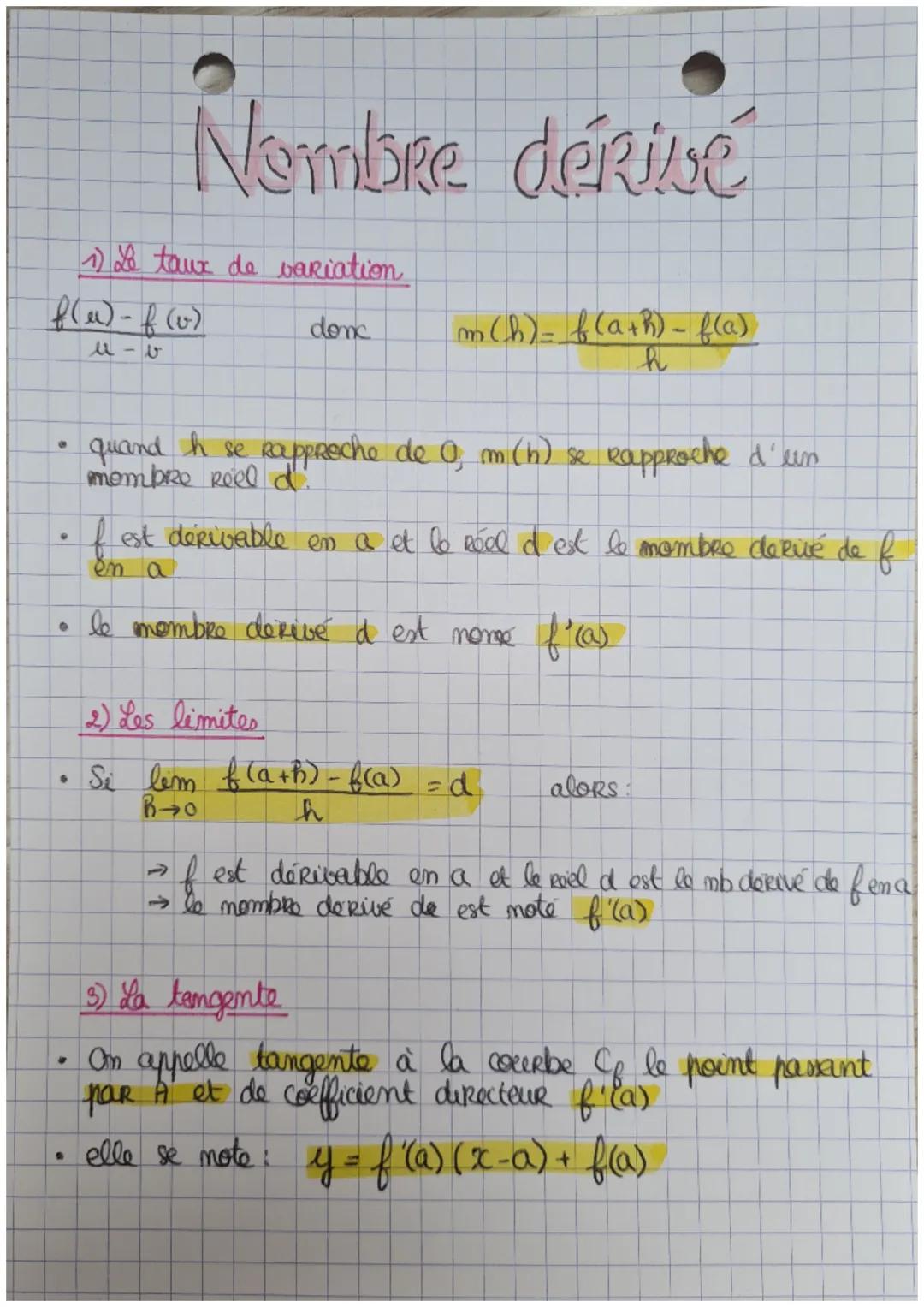 (1) Le taux de variation
f(u) - f (v)
donc
u-v
•
Nombre dérive
6
m(h) = f(a+h)-f(a)
quand h se rapproche de 0 m (h) se rapproche d'un
membre