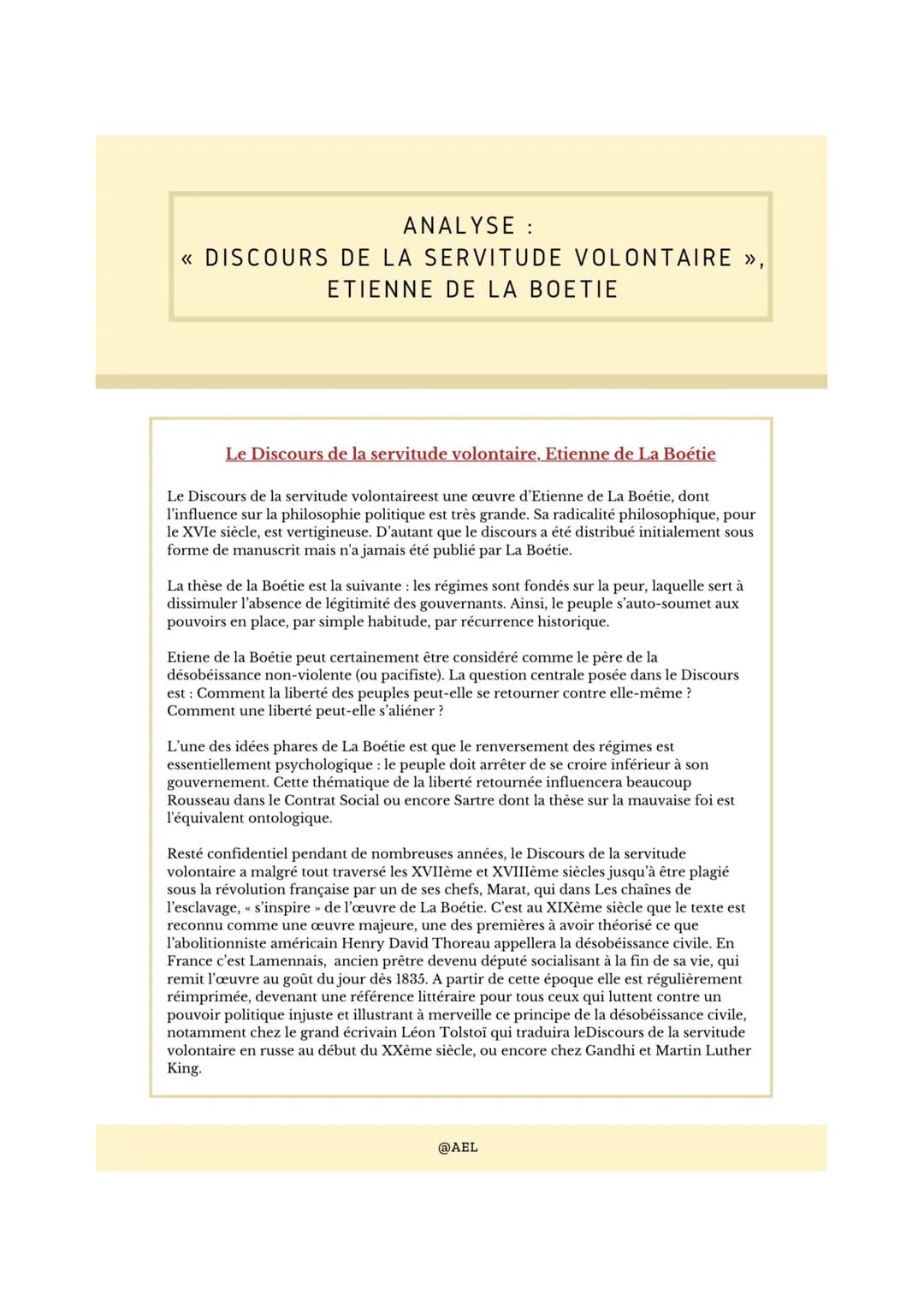 ANALYSE:
<< DISCOURS DE LA SERVITUDE VOLONTAIRE >>,
ETIENNE DE LA BOETIE
Le Discours de la servitude volontaire, Etienne de La Boétie
Le Dis