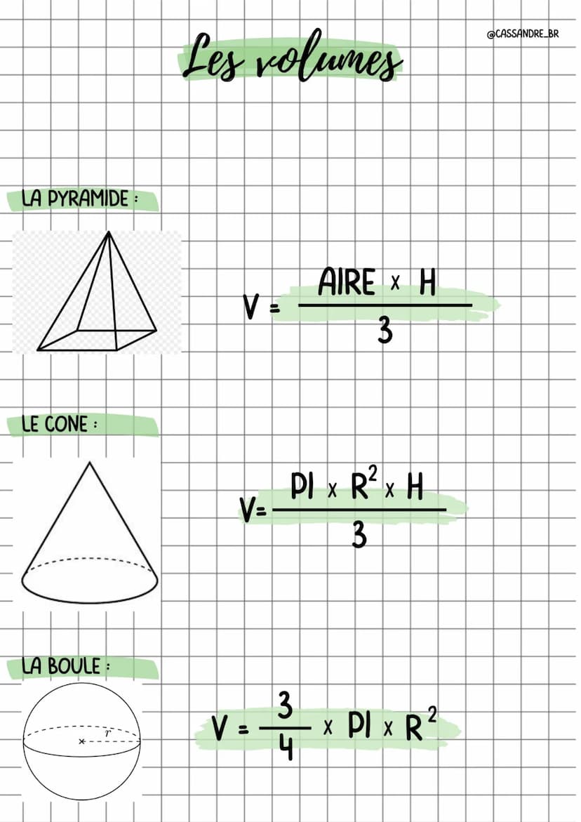 LE CUBE :
8
LE PAVE DROIT:
LE CYLINDRE:
C
LE PRISME:
Les volumes
V=C³
3
V = L x | x H
V=2X PIXRXH
V = AIRE X H
@CASSANDRE BR LA PYRAMIDE :
L