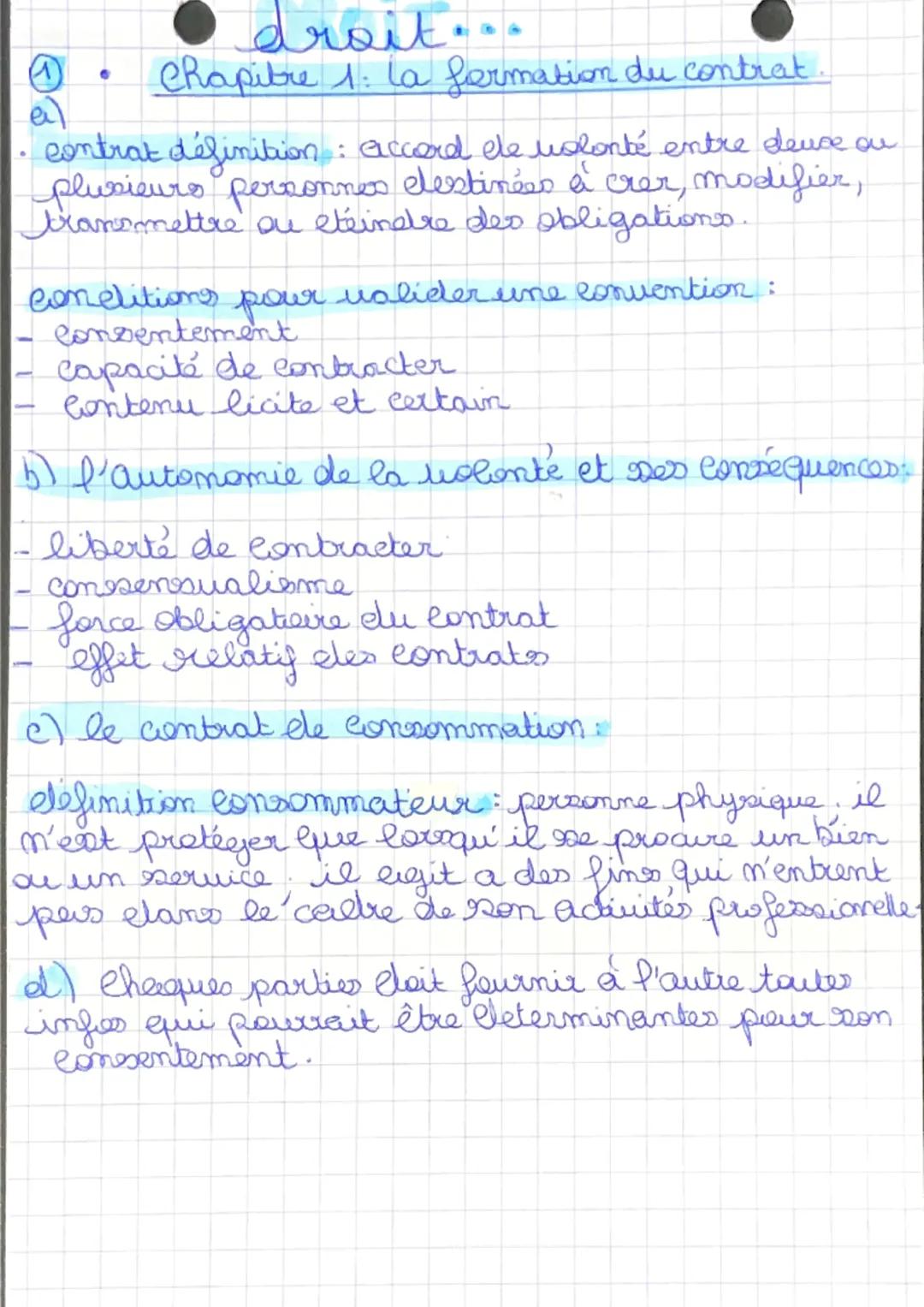 droit...

Chapitre 1: La fermation du contrat.

al
- contrat définition: accord ele volonté entre deuce ou
plusieurs personnes destinées à c