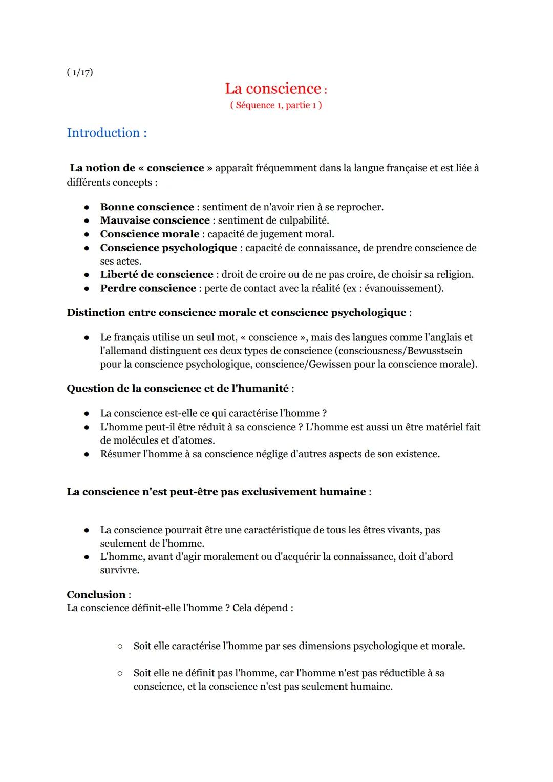 # La conscience :

(Séquence 1, partie 1)

## Introduction :

La notion de « conscience » apparait fréquemment dans la langue française et e