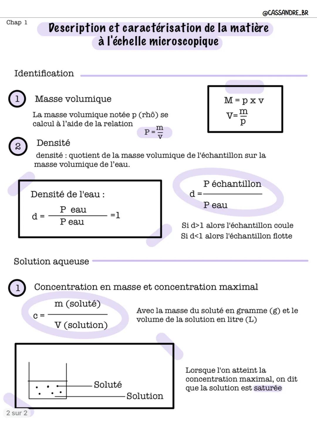 Chap 1
Identification
1
20
1
2 sur 2
Masse volumique
La masse volumique notée p (rhô) se
calcul à l'aide de la relation
Description et carac