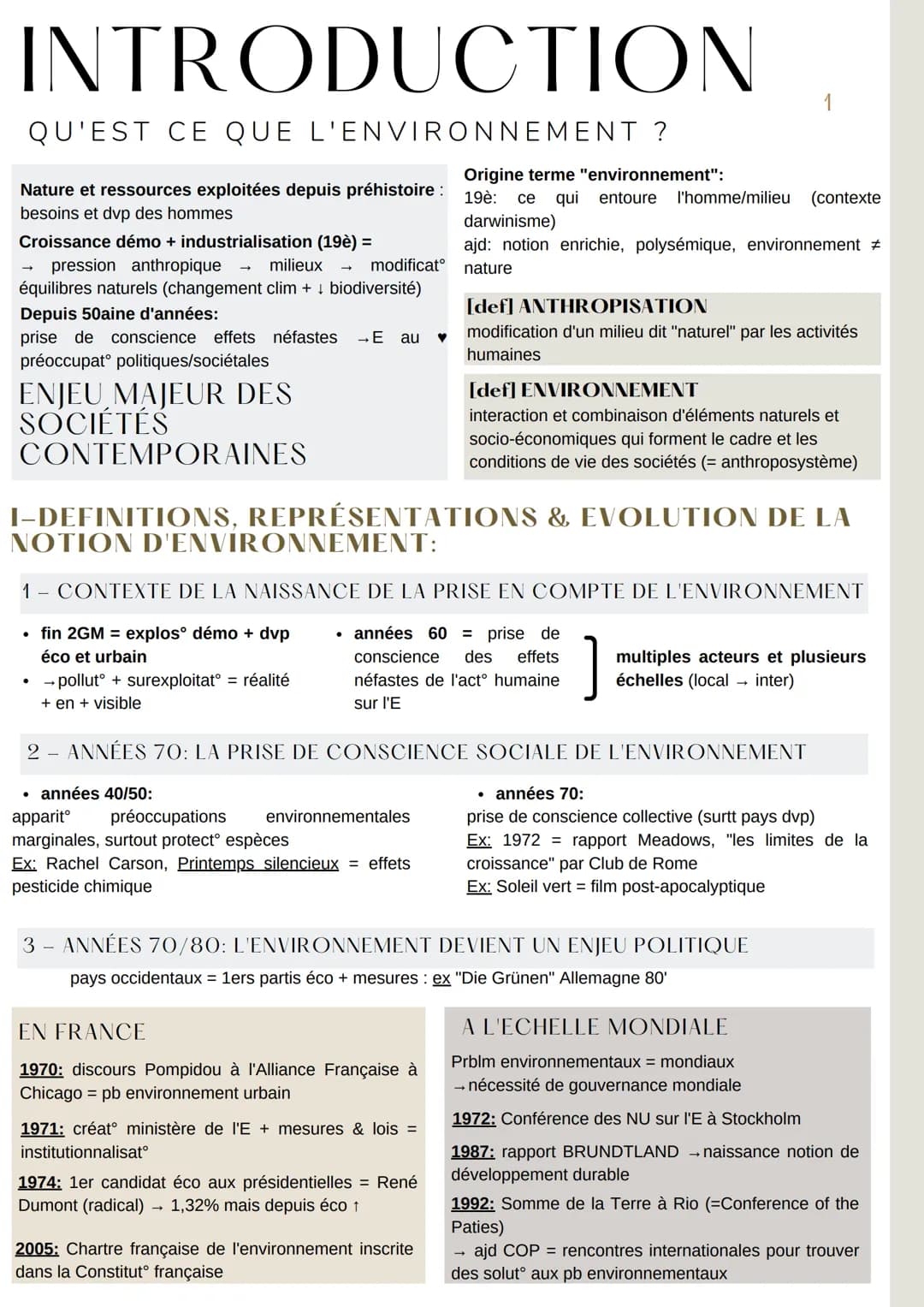 INTRODUCTION
QU'EST CE QUE L'ENVIRONNEMENT ?
Origine terme "environnement":
19è: ce qui entoure l'homme/milieu (contexte
darwinisme)
ajd: no