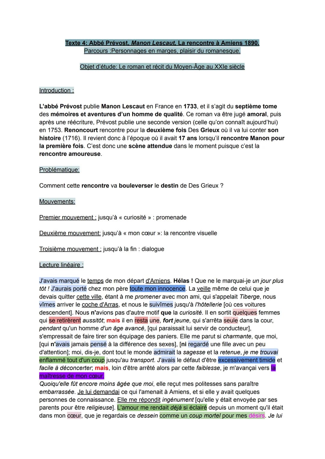 Texte Manon Lescaut - La Rencontre PDF et Analyse Linéaire