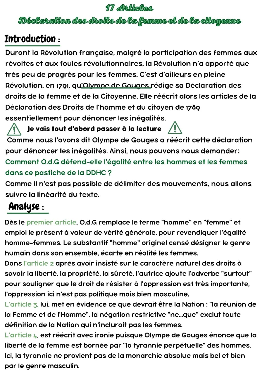 Analyse linéaire des 17 articles de la Déclaration des Droits de la Femme et de la Citoyenne d'Olympe de Gouges - PDF, résumés et explications