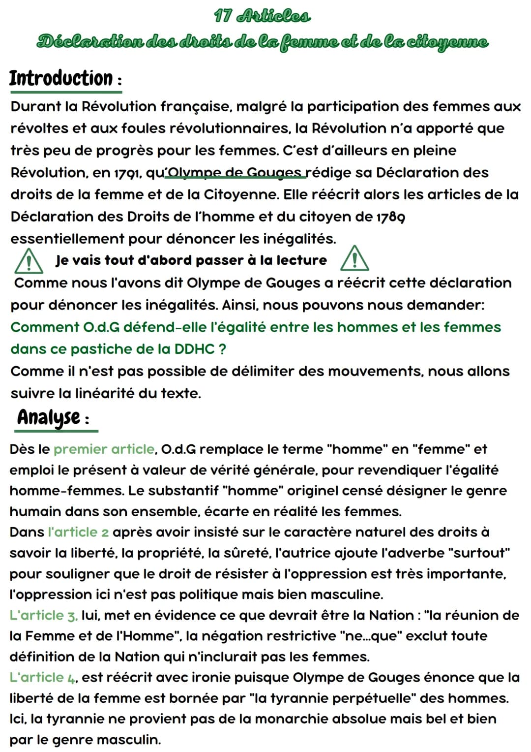17 Articles
Déclaration des droits de la femme et de la citoyenne
Introduction :
Durant la Révolution française, malgré la participation des