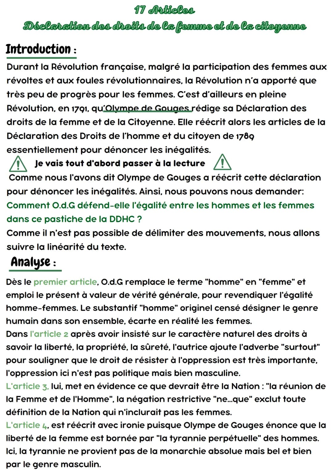 17 Articles
Déclaration des droits de la femme et de la citoyenne
Introduction :
Durant la Révolution française, malgré la participation des