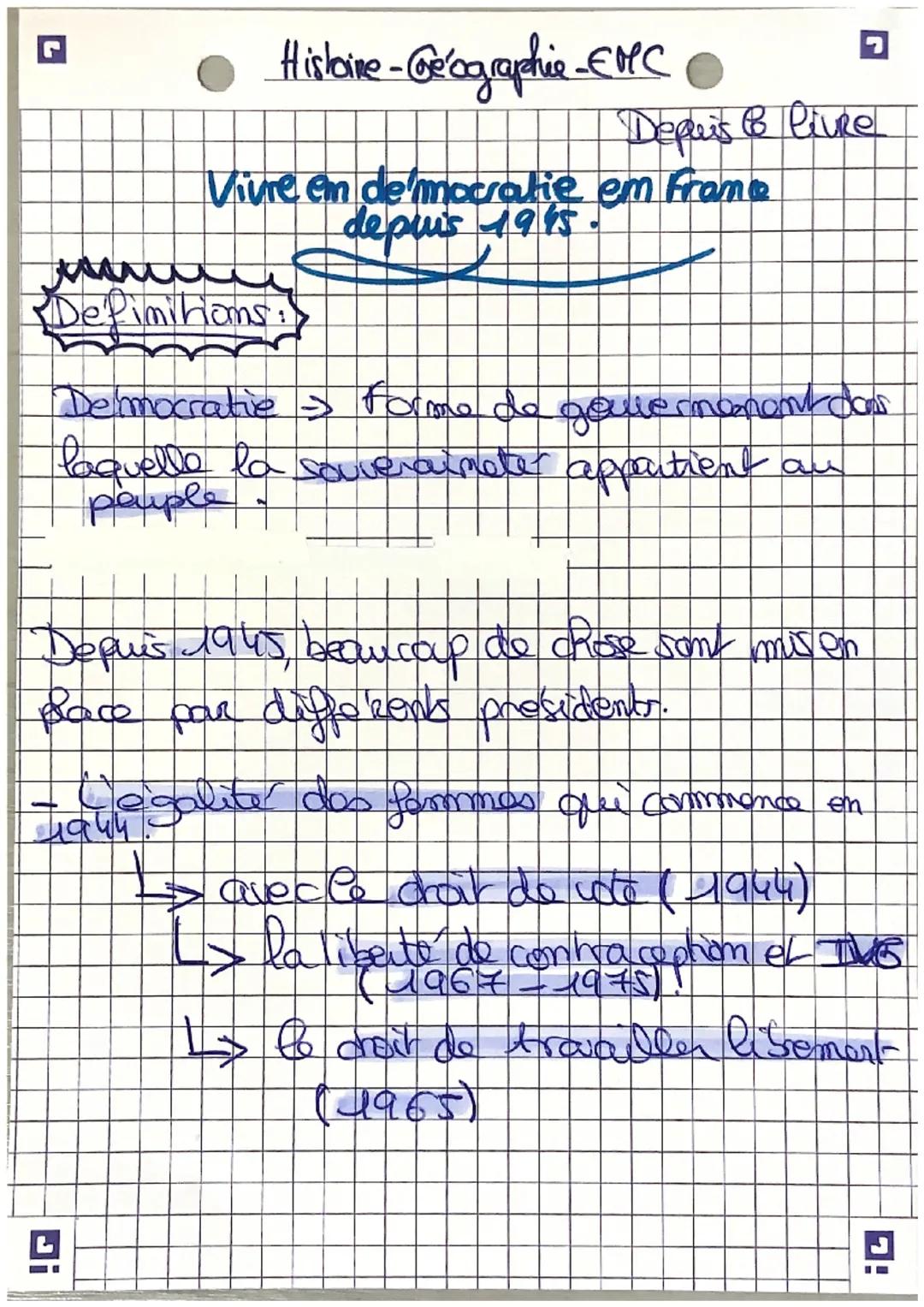 Histoire-Geographie-EMC

Vivre en de'mocratie em frame
Depreis & livre
depuis 1945.
depe

Definitions:

Democratie forme de government das
l