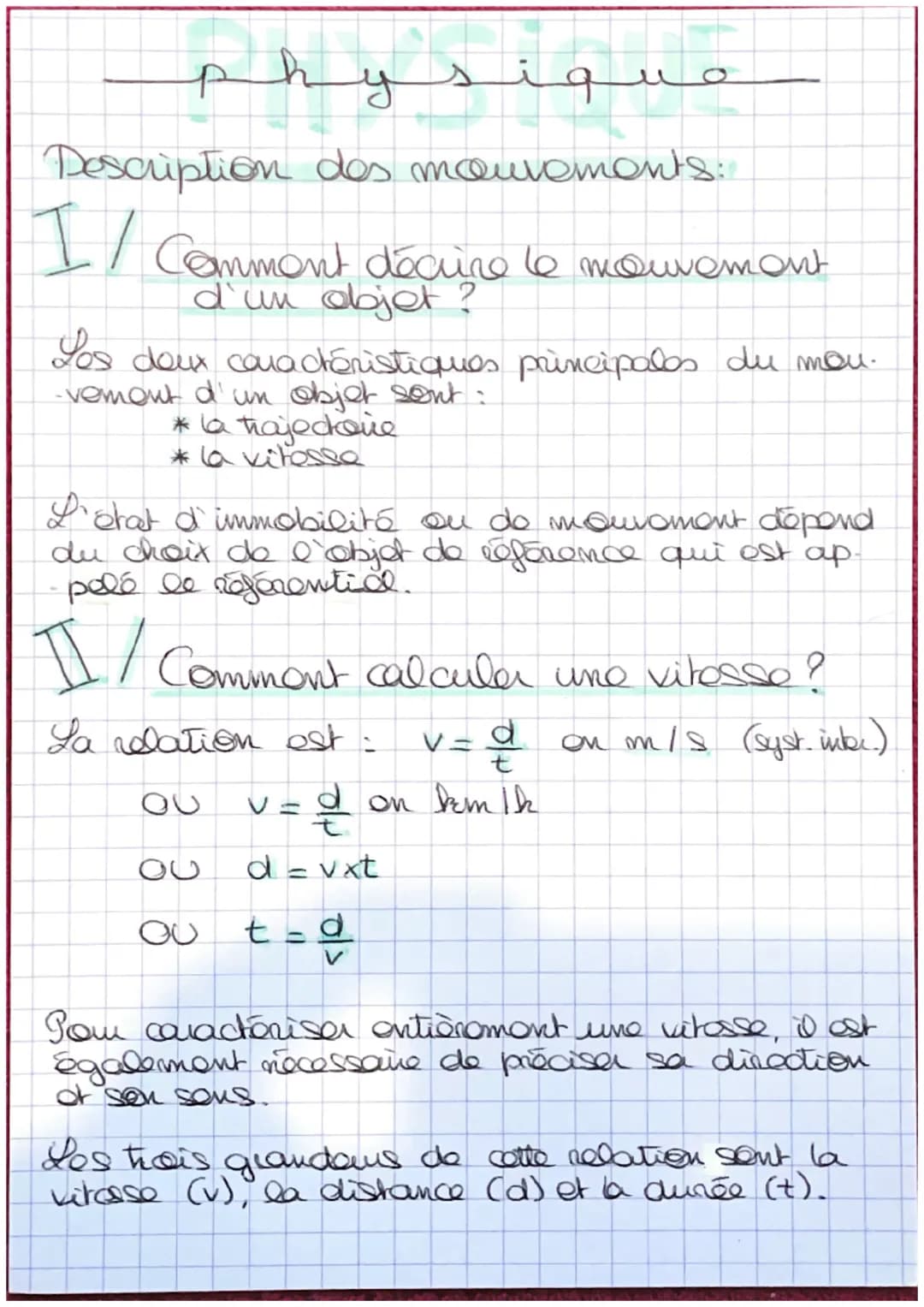 physiquo
Description des mouvements:
I / Comment décrire le mouvement
d'un objet ?
Les deux caractéristiques principales du mon.
-vement d'u