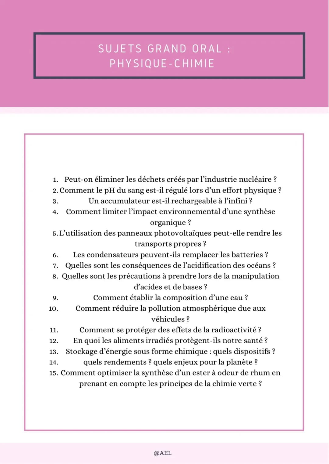 SUJETS GRAND ORAL :
PHYSIQUE-CHIMIE
1. Peut-on éliminer les déchets créés par l'industrie nucléaire ?
2. Comment le pH du sang est-il régulé