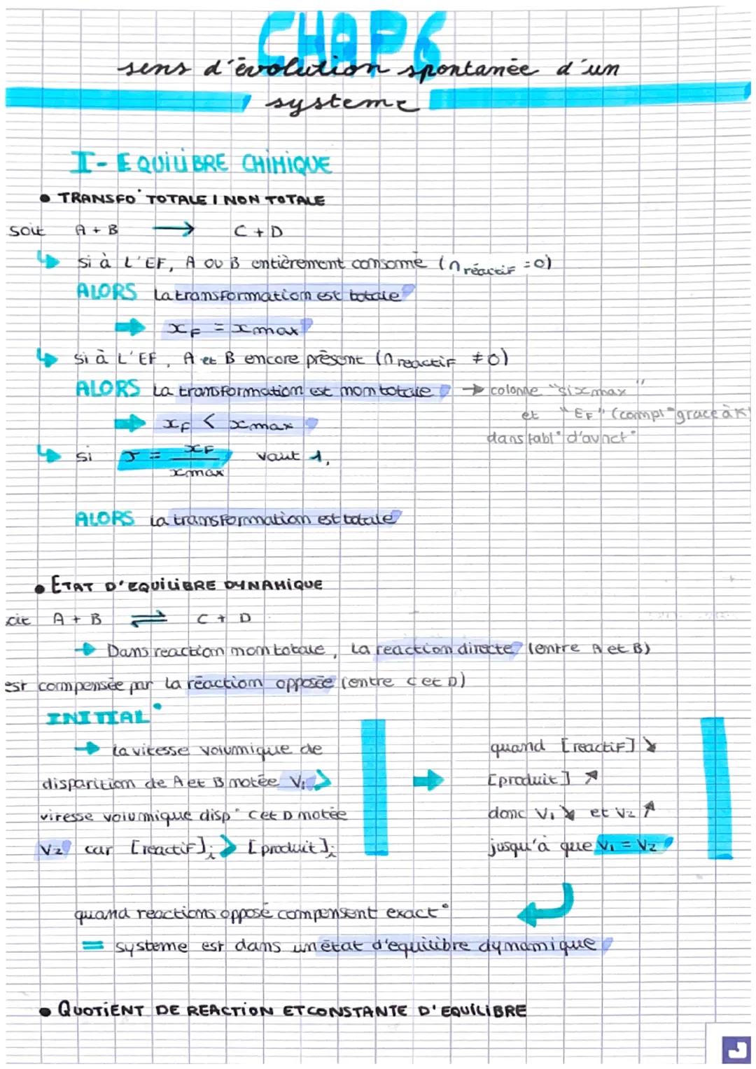 SOLE
CHAPE
sens d'evolution spontanée d'un
I systeme
I-EQUILIBRE CHIMIQUE
•TRANSFO TOTALE I NON TOTALE
C+D
si à L'EF, A OU B entièrement con