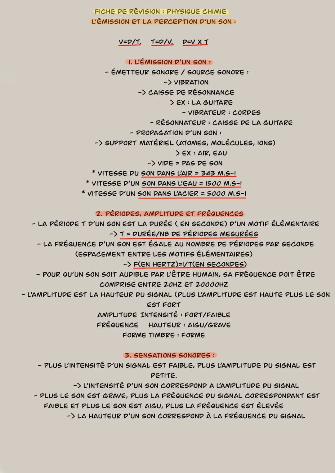 *
FICHE DE RÉVISION: PHYSIQUE CHIMIE
L'ÉMISSION ET LA PERCEPTION D'UN SON :
*
V=D/T. T=D/V. D=V X T
I. L'ÉMISSION D'UN SON :
- ÉMETTEUR SONO
