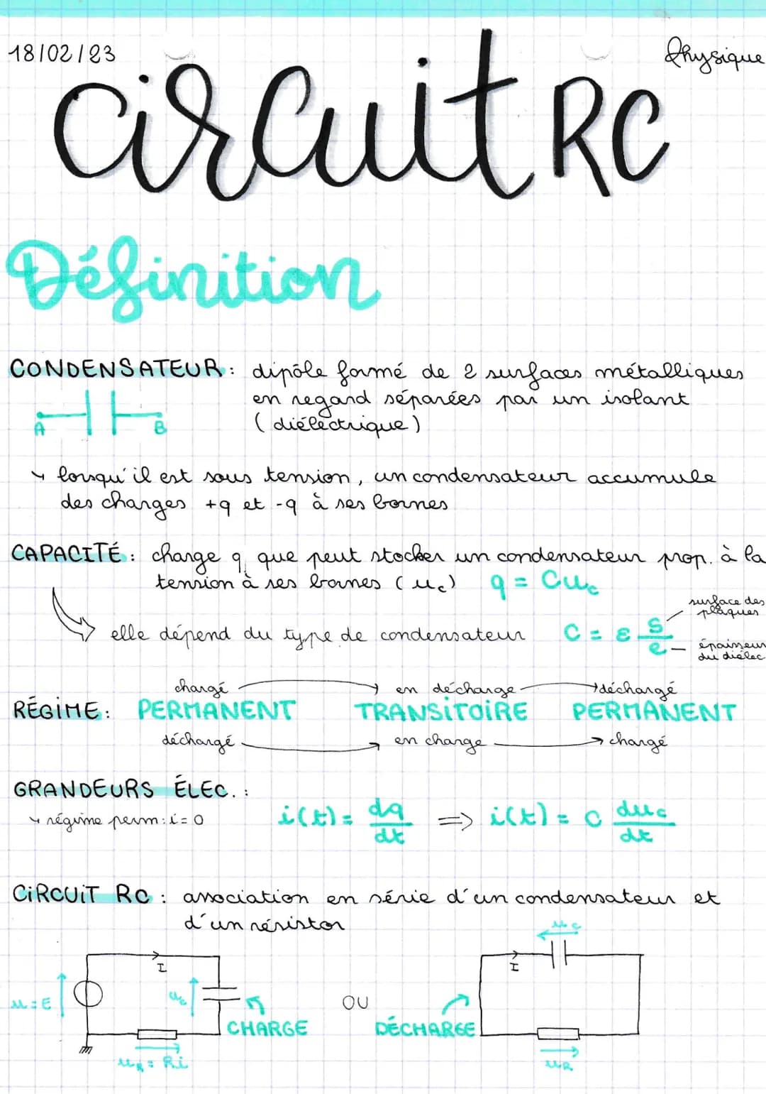 18/02/23
circuit Re
Définition
CONDENSATEUR: dipôle formé de 2 surfaces métalliques.
regard séparées par un isolant
(diélectrique)
à la
CAPA