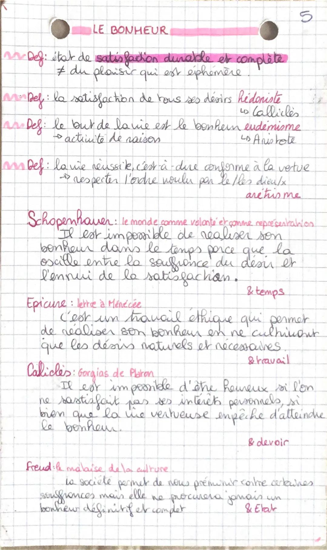 5
LE BONHEUR
an Def: état de satisfaction durable et complète.
# du plansic qui est éphémère
M.
Def: la satisfaction de tous ses désirs hedo