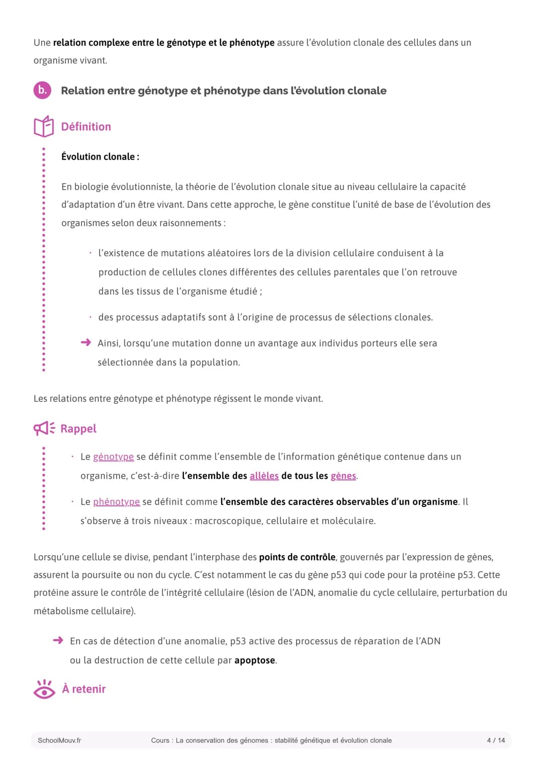 S SCHOOLMOUV
Cours
La conservation des génomes: stabilité
génétique et évolution clonale
Introduction:
La cellule est l'unité fonctionnelle 