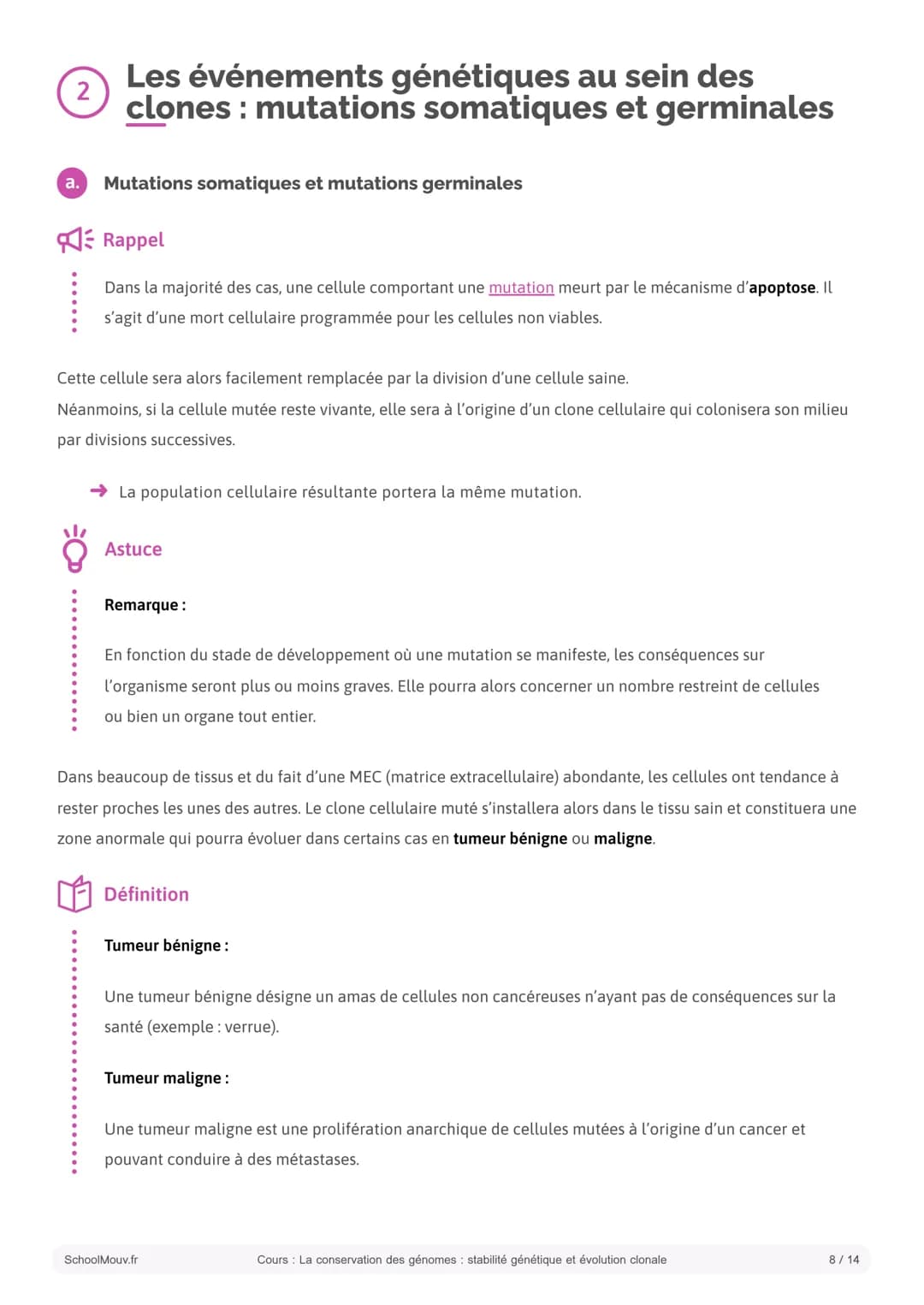 S SCHOOLMOUV
Cours
La conservation des génomes: stabilité
génétique et évolution clonale
Introduction:
La cellule est l'unité fonctionnelle 