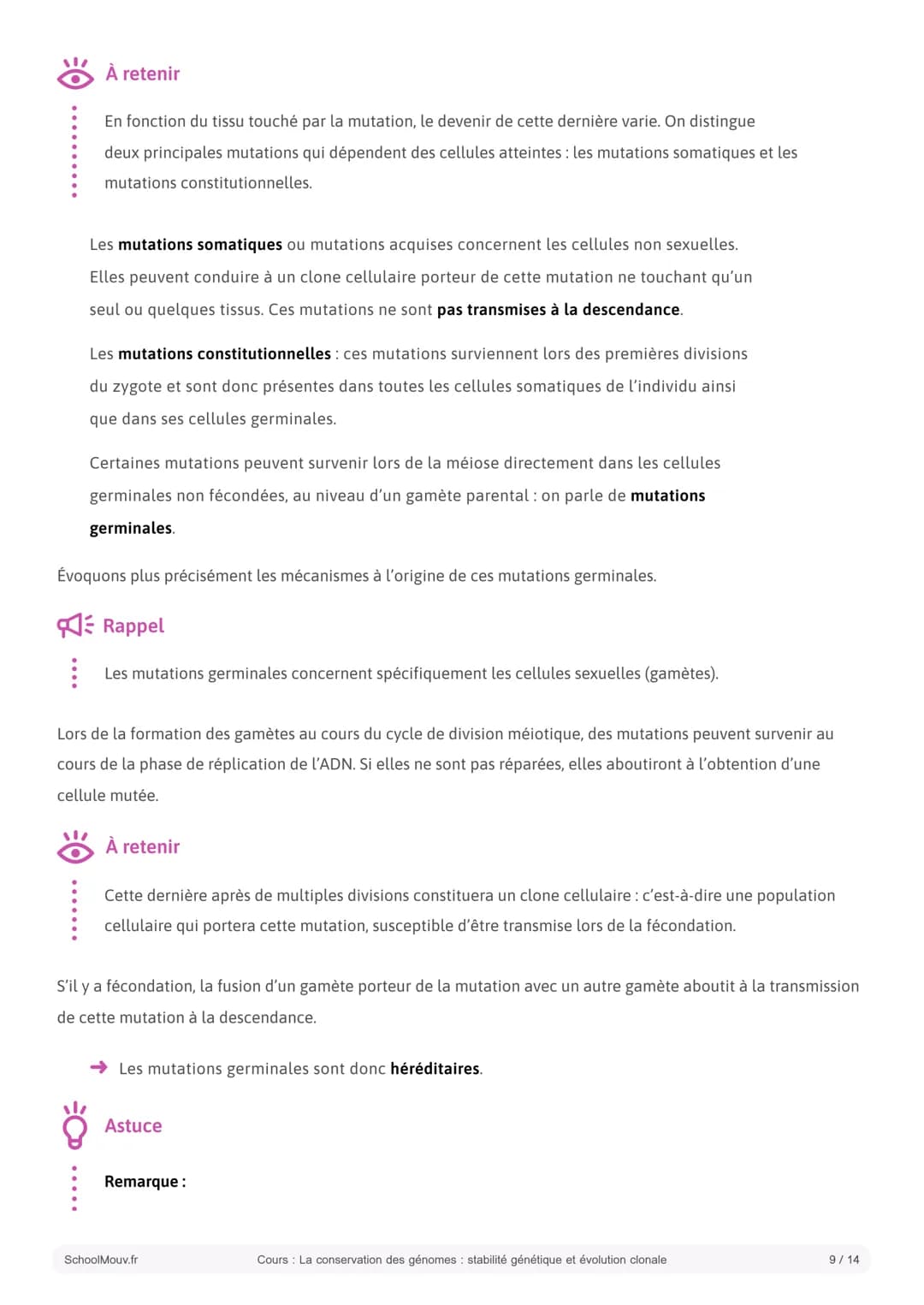 S SCHOOLMOUV
Cours
La conservation des génomes: stabilité
génétique et évolution clonale
Introduction:
La cellule est l'unité fonctionnelle 
