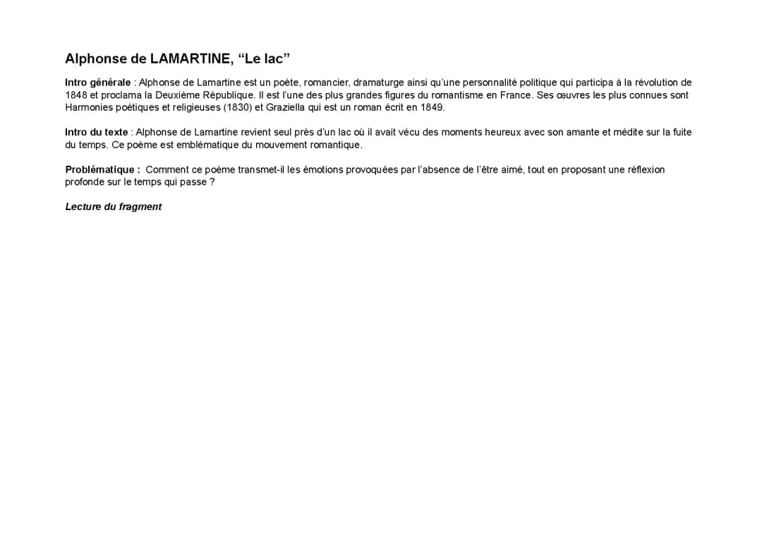 Analyse linéaire - Le Lac, Alphonse de LAMARTINE