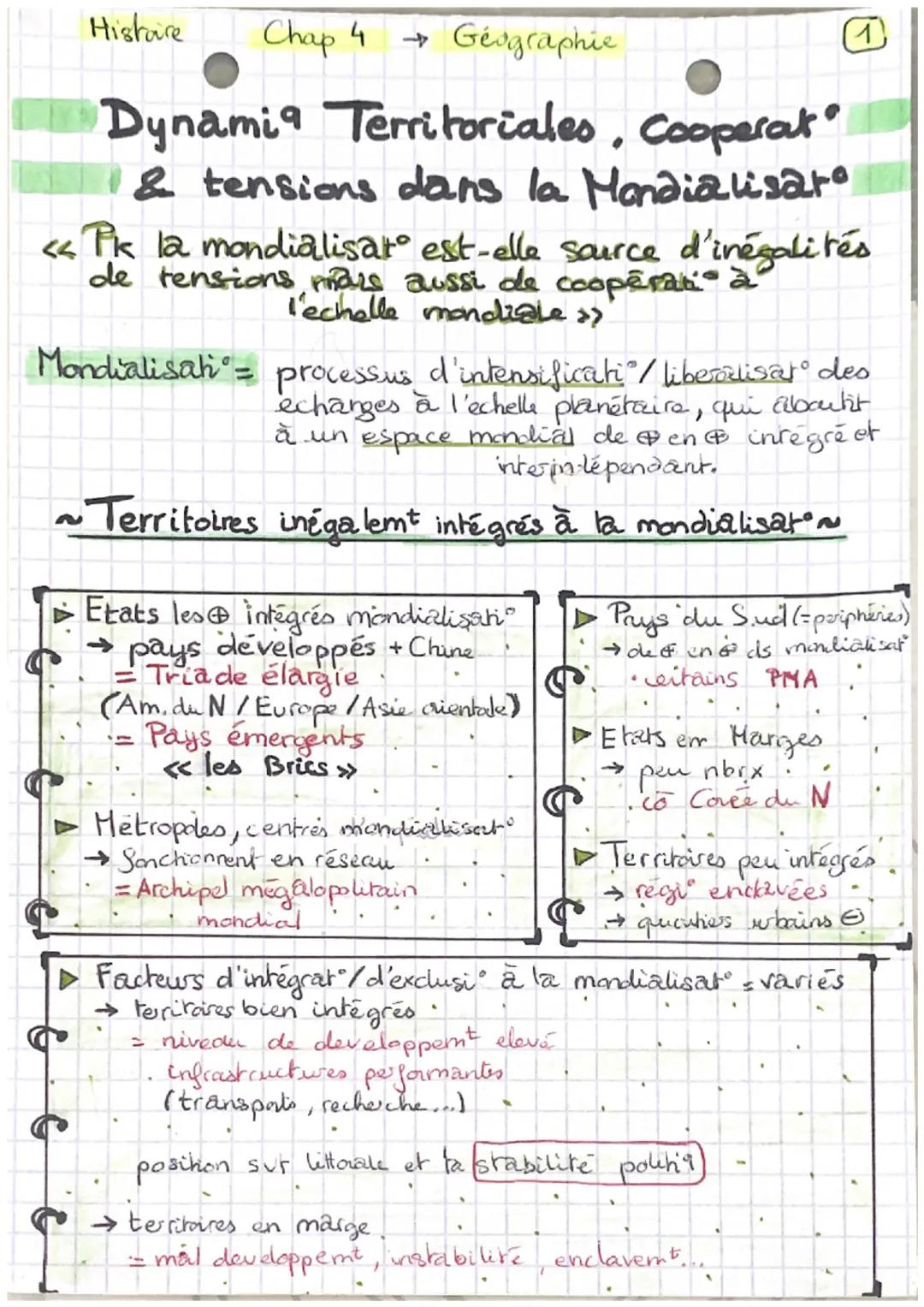 Histare
Chap 4 → Géographie
Dynamia Territoriales, Cooperat
& tensions dans la Mondialisat
•
<<< Pk la mondialisat est-elle source d'inégali