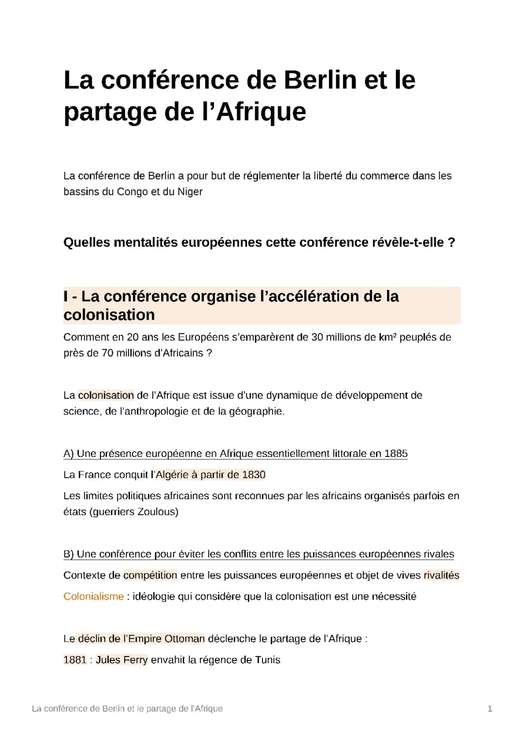 La conférence de Berlin et le partage de l'Afrique