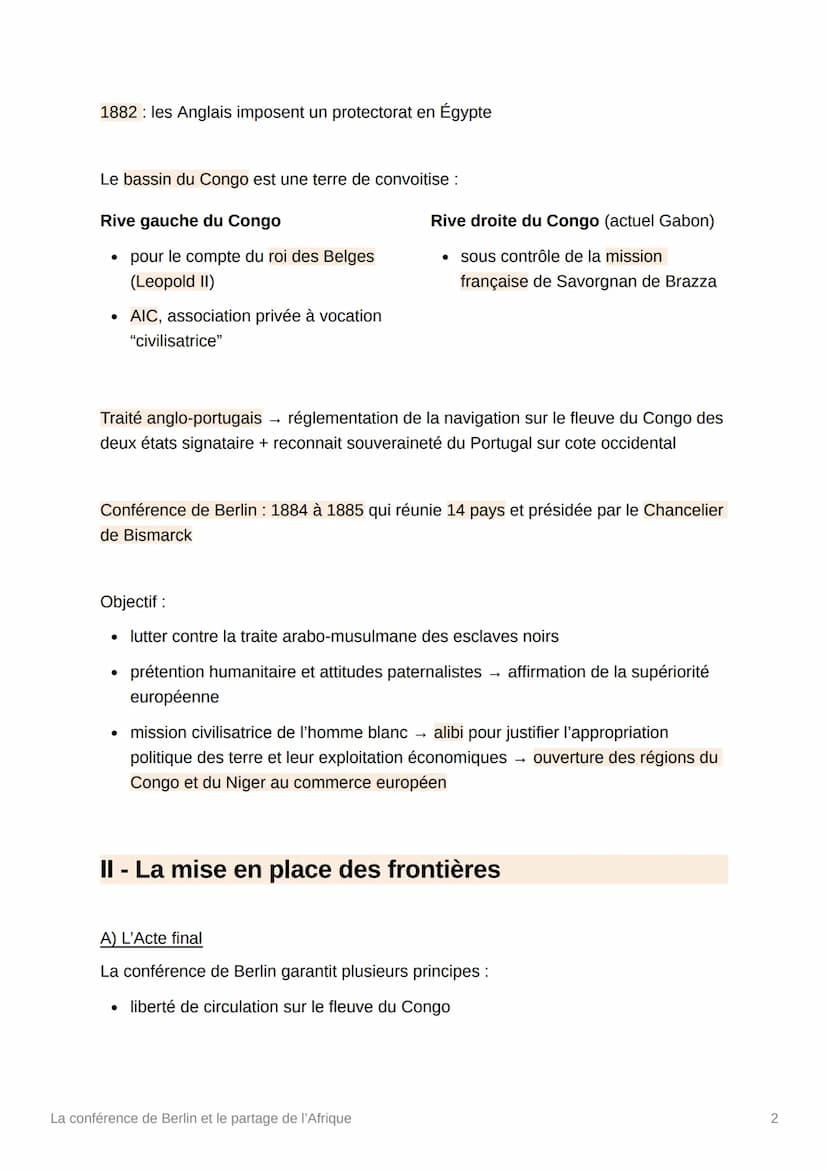 La conférence de Berlin et le
partage de l'Afrique
La conférence de Berlin a pour but de réglementer la liberté du commerce dans les
bassins