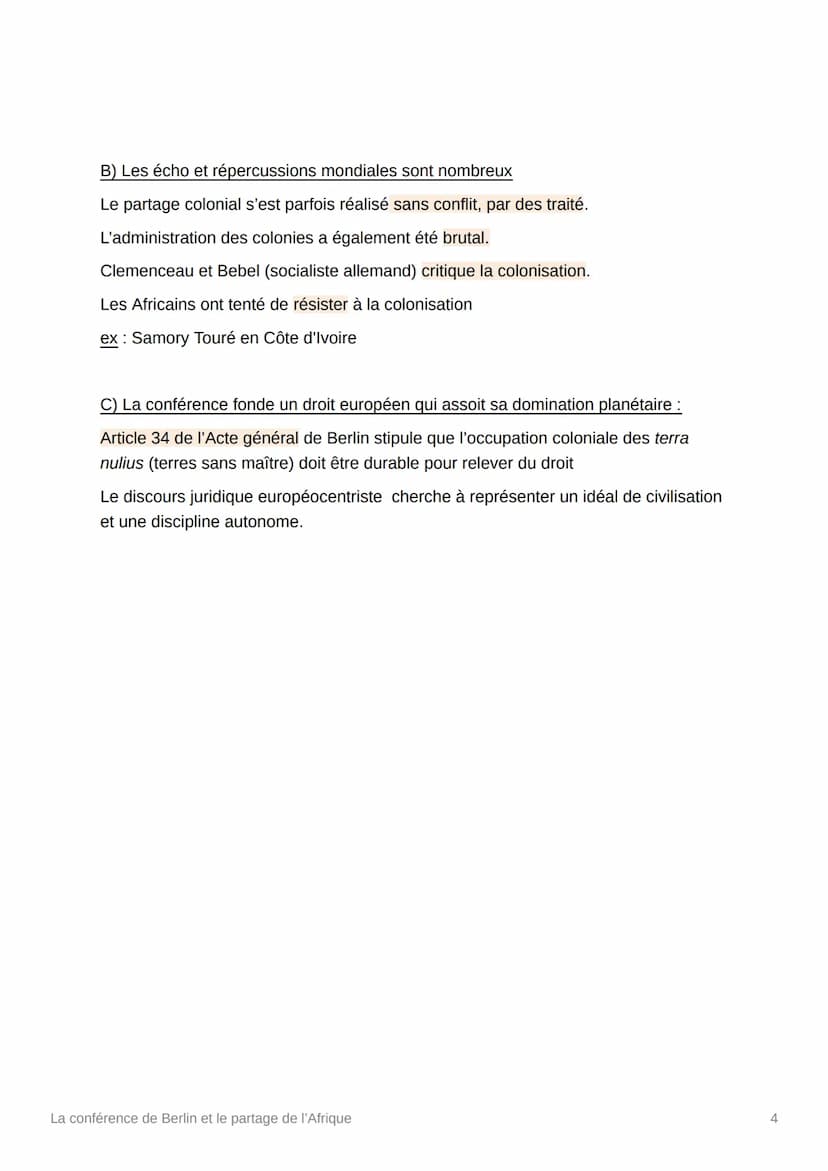 La conférence de Berlin et le
partage de l'Afrique
La conférence de Berlin a pour but de réglementer la liberté du commerce dans les
bassins