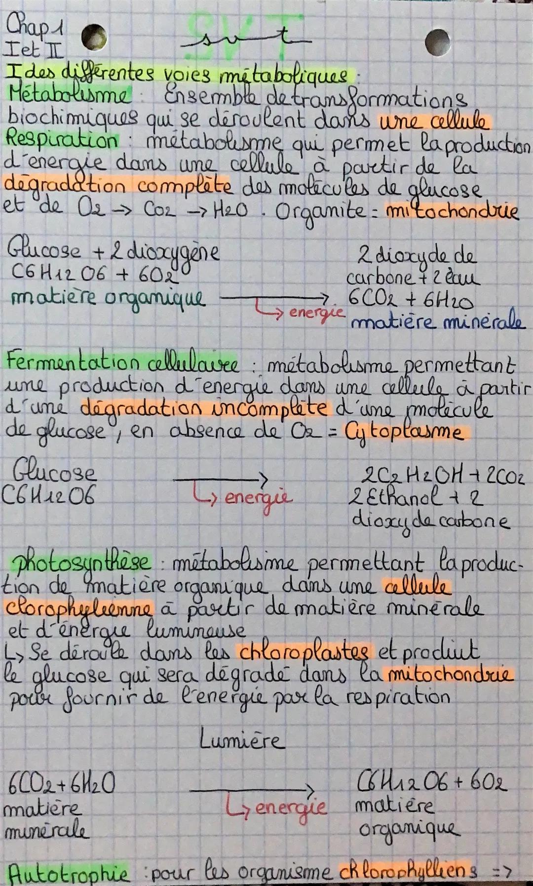 Chap 1
to
Iet I
voies métaboliques:
Ensemble de transformations
qui se déroulent dans une cellule
Respiration métabolisme qui permet la prod