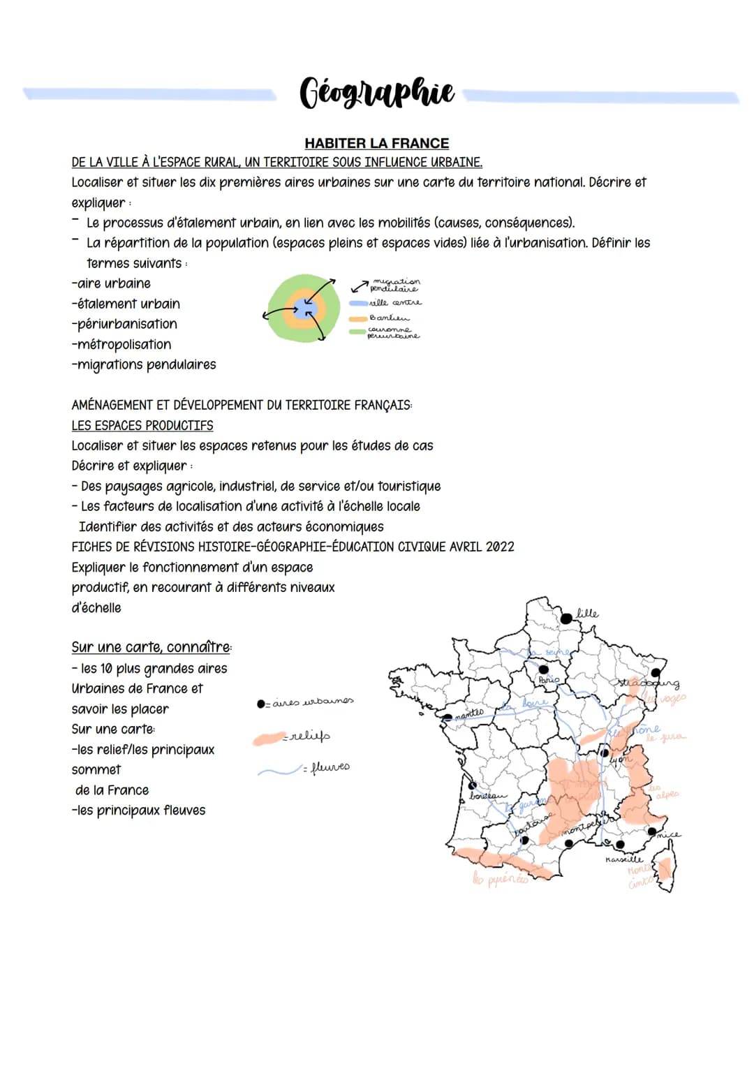 HABITER LA FRANCE
DE LA VILLE À L'ESPACE RURAL, UN TERRITOIRE SOUS INFLUENCE URBAINE.
Localiser et situer les dix premières aires urbaines s