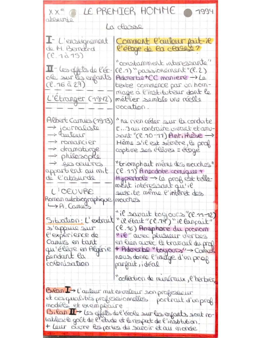 Analyse Linéaire Le Premier Homme La classe d’Albert Camus