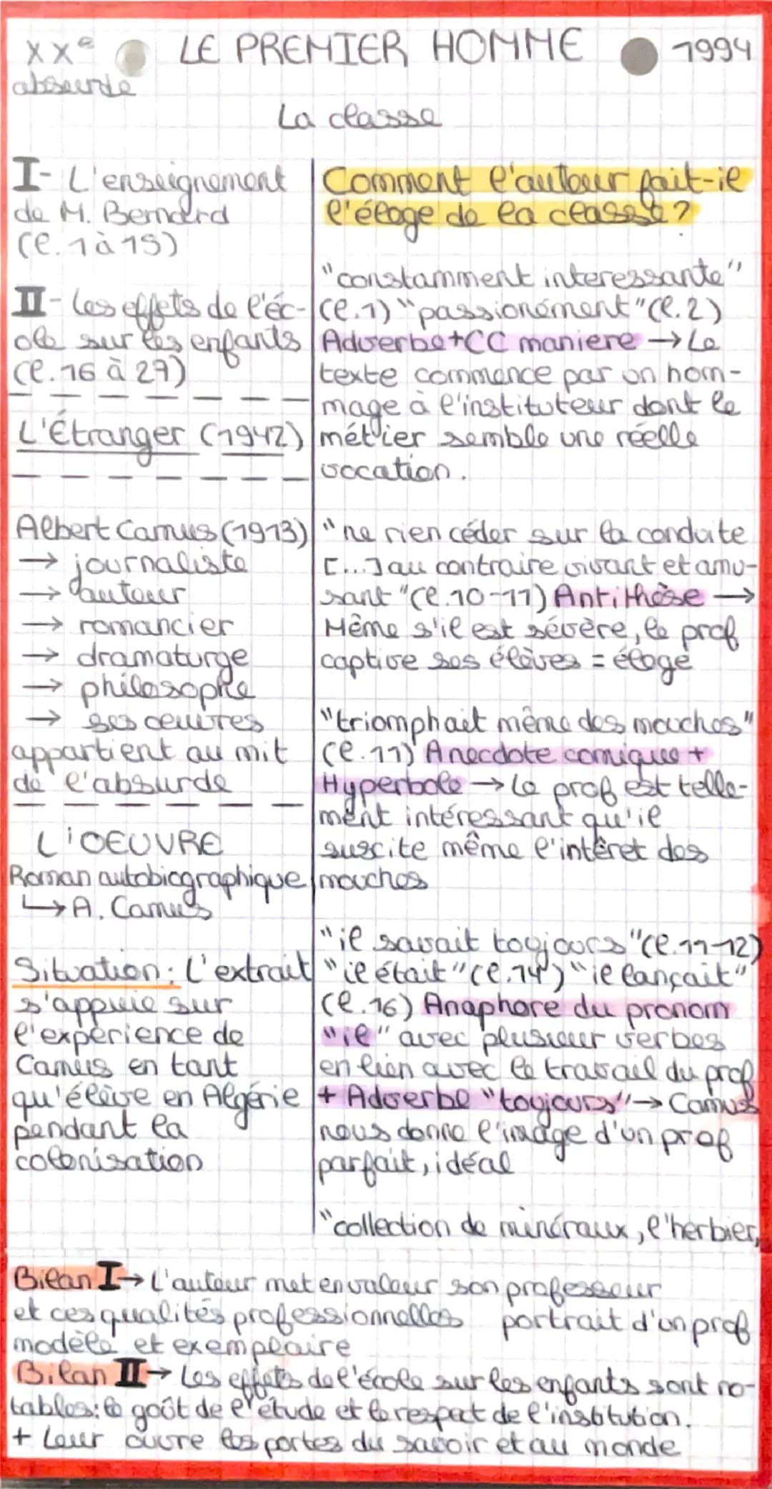 XX
absurde
LE PREMIER HOMME
7994
La classe
I- L'enseignement Comment l'auteur fait-ie
de M. Bernard
(e. 1 à 15)
I- les effets de l'éc-
ole s