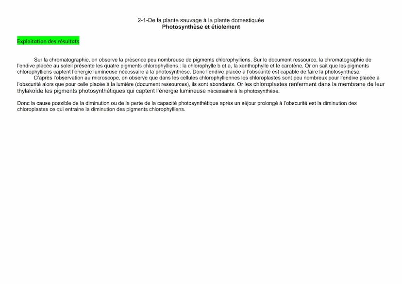 2-1-De la plante sauvage à la plante domestiquée
Photosynthèse et étiolement
Mise en situation et recherche à mener
Les feuilles d'un végéta