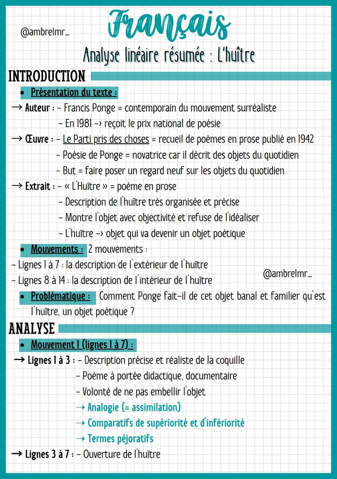 @ambrelmr_
Français
Analyse linéaire résumée : L'huître
INTRODUCTION
Présentation du texte :
→ Auteur : – Francis Ponge = contemporain du mo