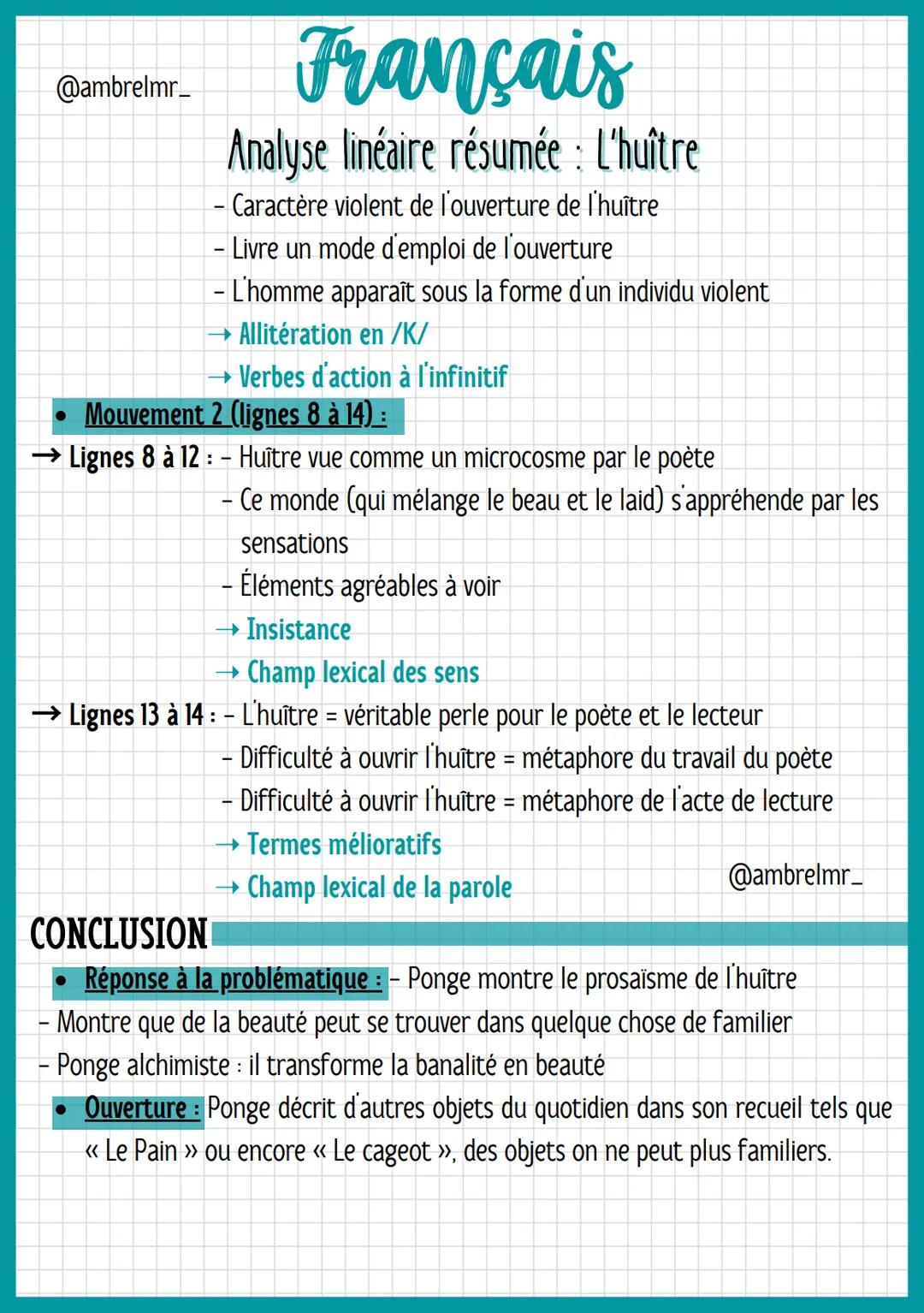 @ambrelmr_
Français
Analyse linéaire résumée : L'huître
INTRODUCTION
Présentation du texte :
→ Auteur : – Francis Ponge = contemporain du mo