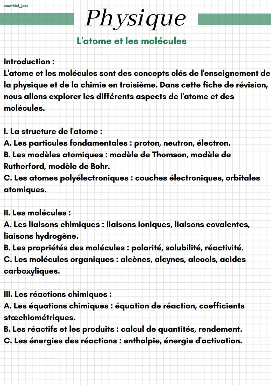 emathisf_jsxc
Physique
L'atome et les molécules
Introduction :
L'atome et les molécules sont des concepts clés de l'enseignement de
la physi