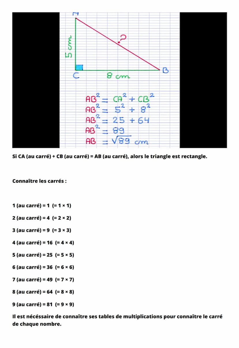 Le théorème de Pythagore
Définition : Si un triangle est rectangle, alors d'après le théorème de
Pythagore, le carré de la longueur de l'hyp