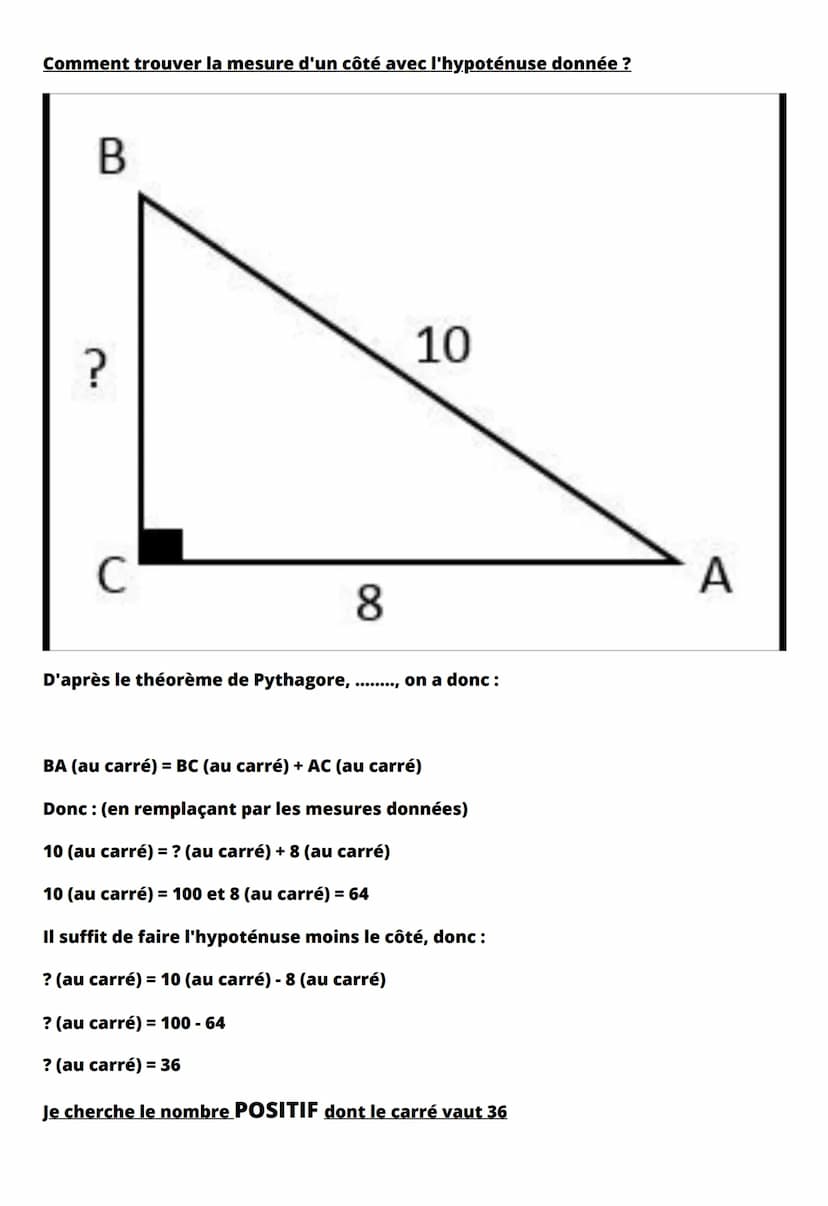 Le théorème de Pythagore
Définition : Si un triangle est rectangle, alors d'après le théorème de
Pythagore, le carré de la longueur de l'hyp