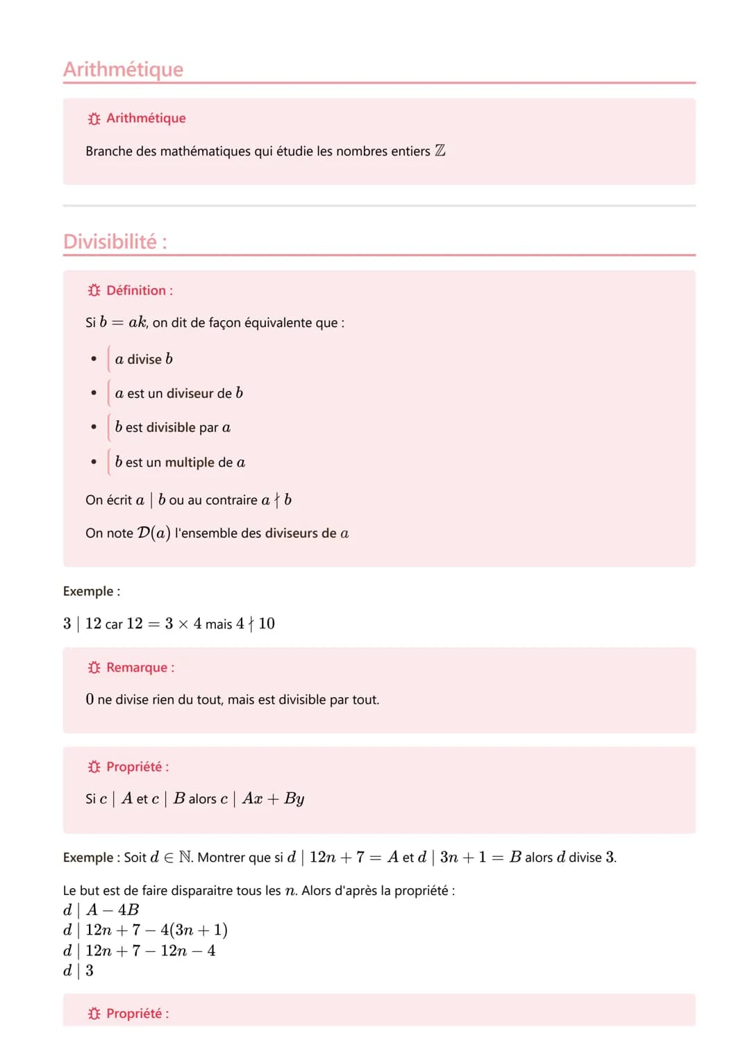 Arithmétique
Arithmétique
Branche des mathématiques qui étudie les nombres entiers Z
Divisibilité :
Définition:
Si bak, on dit de façon équi