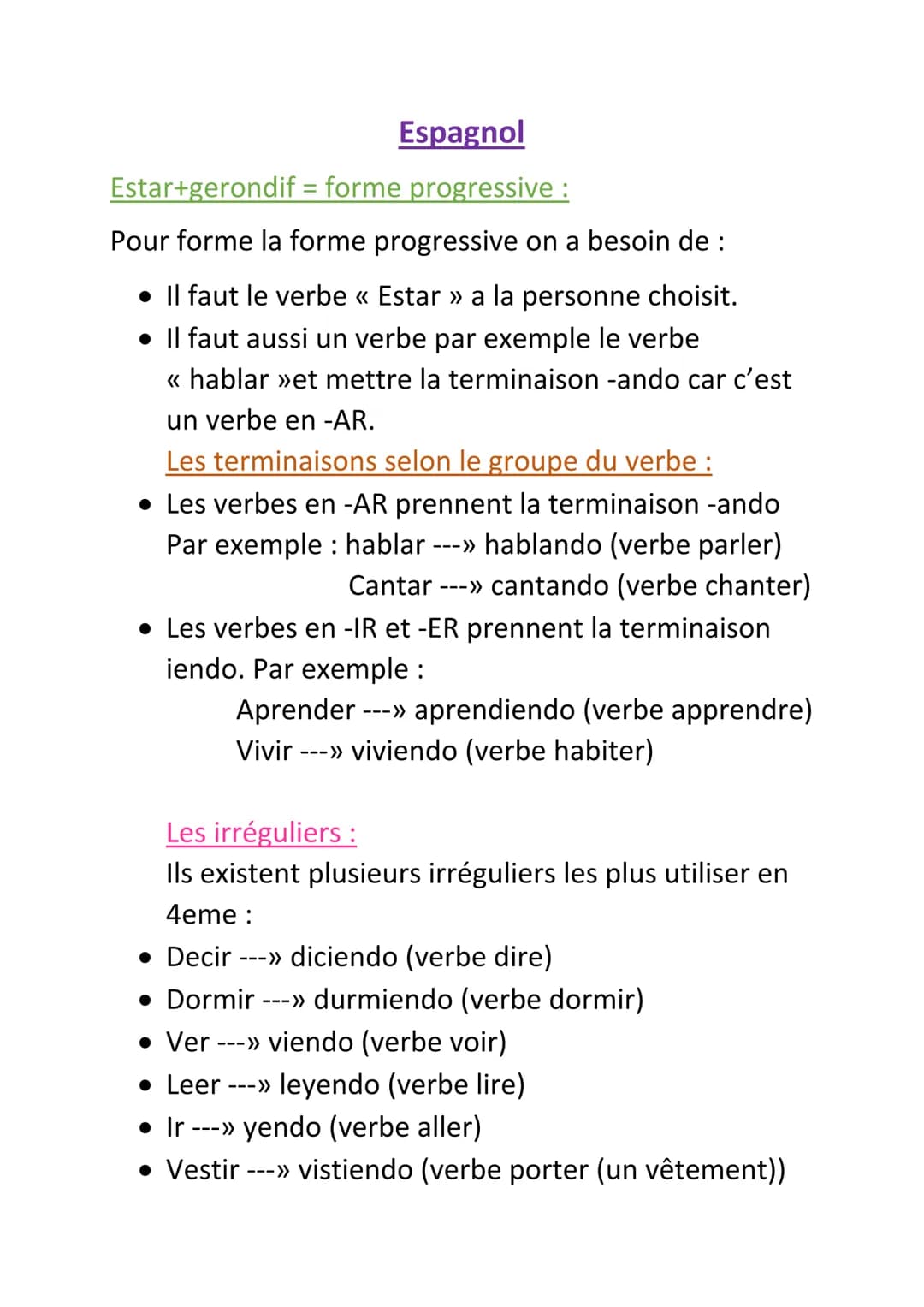 Espagnol
Estar+gerondif = forme progressive:
Pour forme la forme progressive on a besoin de :
• Il faut le verbe « Estar » a la personne cho