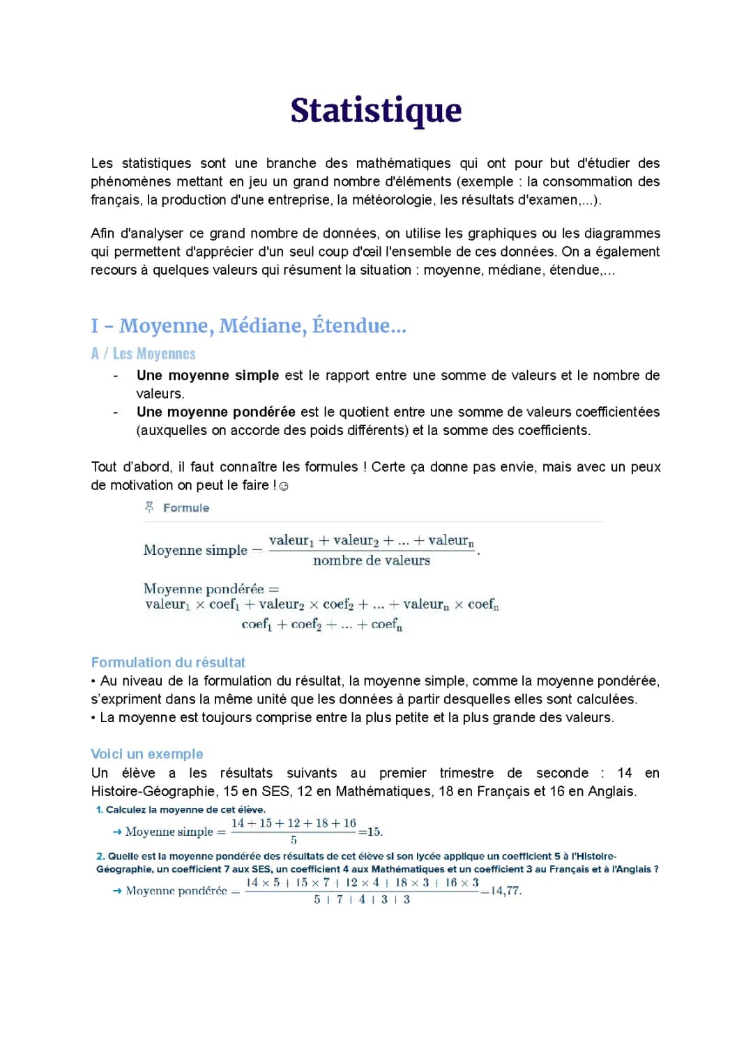 Statistique : Moyenne, Médiane, Étendue