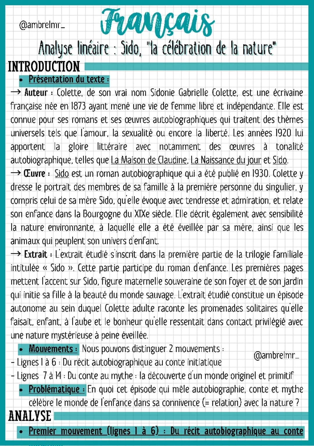 Colette : Analyse linéaire Sido - Chapitres et Résumés