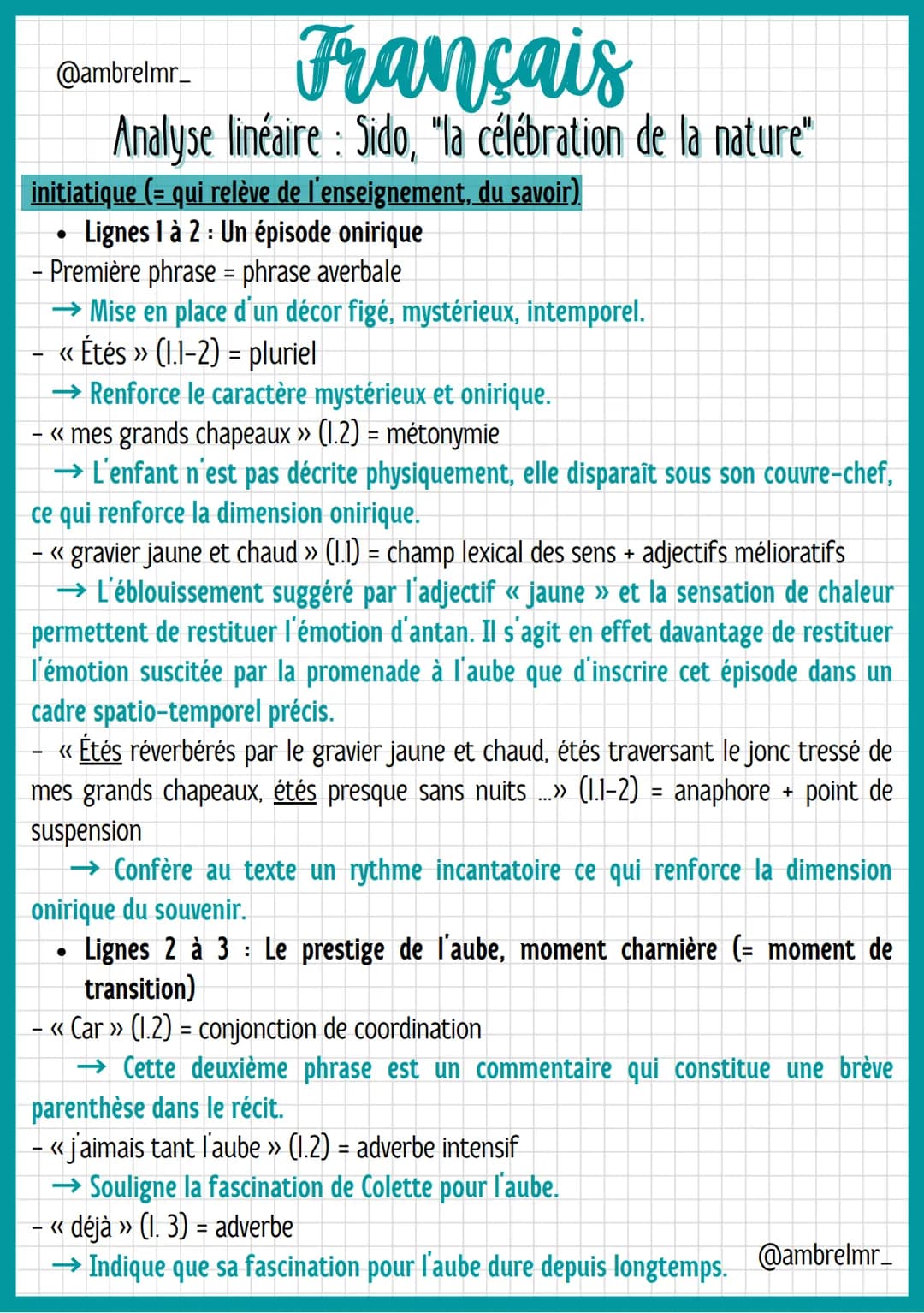 @ambrelmr_
Français
Analyse linéaire : Sido, "la célébration de la nature"
INTRODUCTION
Présentation du texte :
→ Auteur : Colette, de son v